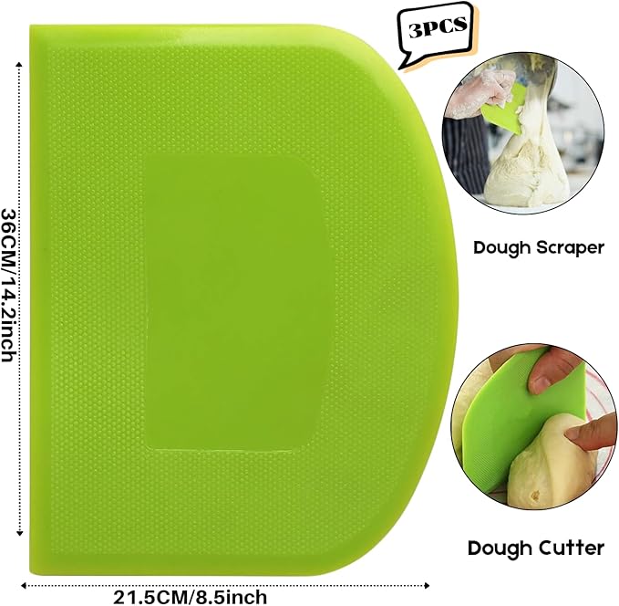 SURDOCA Dough Scraper Bench Scraper - 3P 14.2x8.5" Plastic Flexible Bowl Scraper, Sharp Edge & Angles Cake Scraper. Non-Slip Bakeware Decorating Tools Sculpting & Modeling Tools - Blue+Yellow+Green
