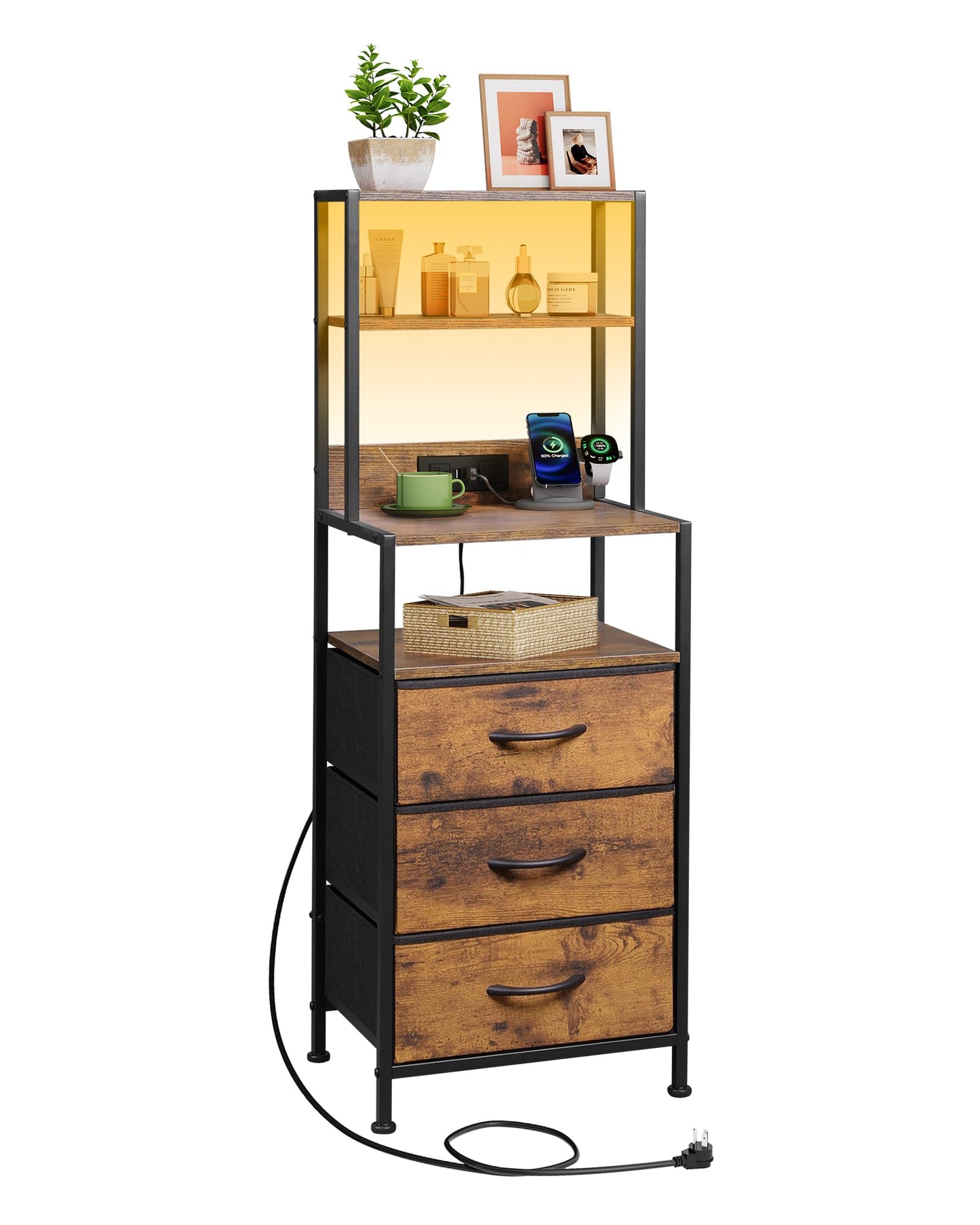 WLIVE Tall Nightstand with 3 Fabric Drawers, Night Stand with Charger Station and Open Shelves, LED Nightstand, Bed Side Table for Bedroom, Living Room, Rustic Brown