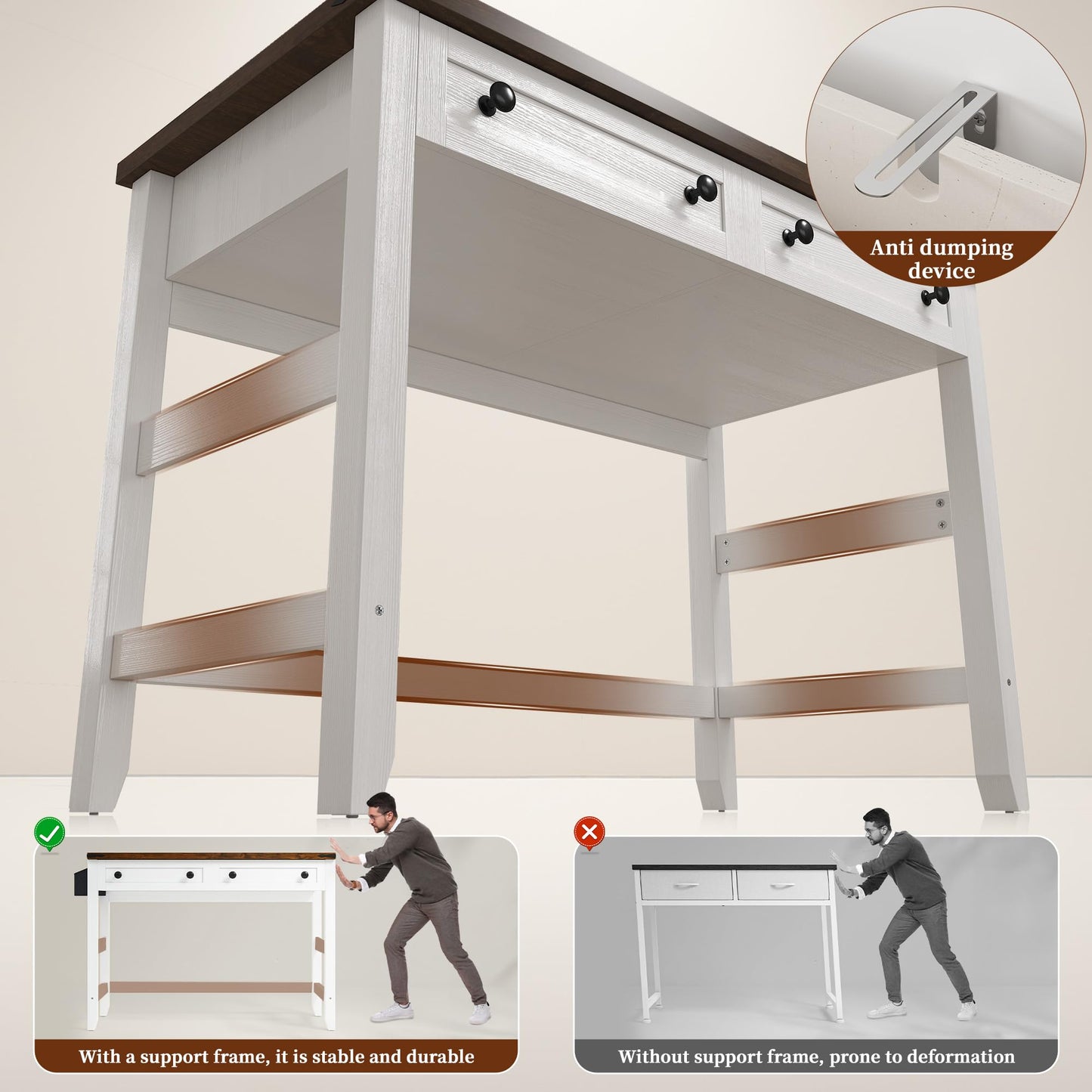 EnHomee 40" Small Desk for Bedroom, Computer Desk with Power Outlets for Home Office, Desks with Drawers and a Side Pocket, Brown+White