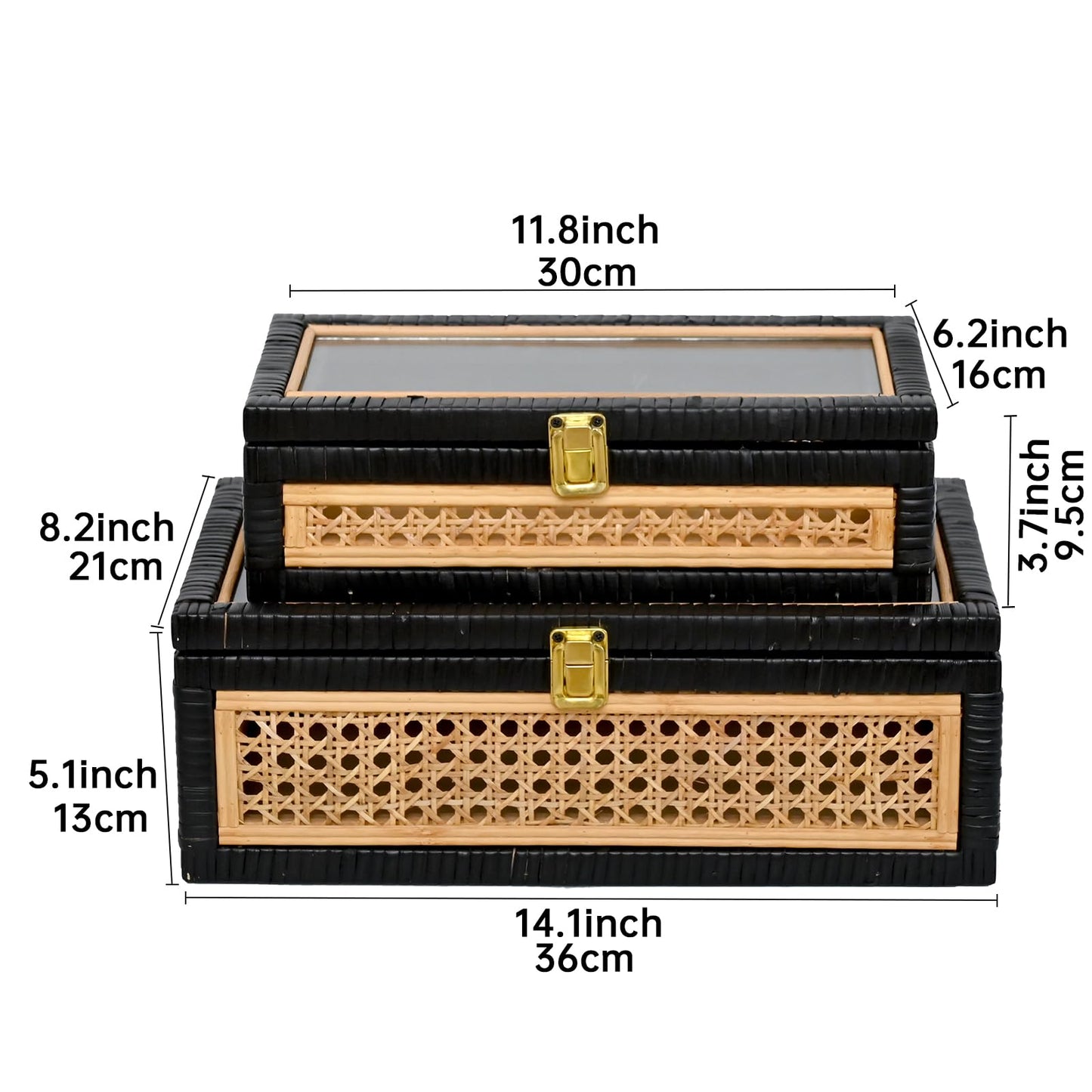 DECOR4SEASON Cane and Rattan Decorative Storage Boxes with Lids - Elegant Set of 2, Stacking Boxes with Glass Top, Handcrafted Rustic Charm for Home Organization (Rattan&Black, 14.1"x8.2"5.1")