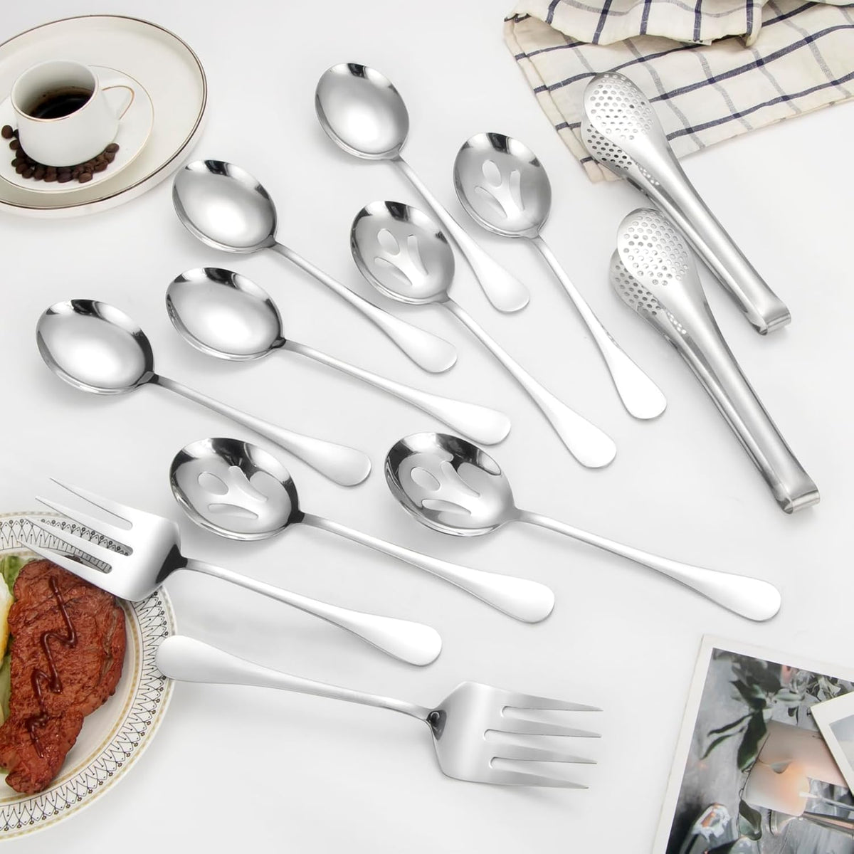 Large Serving Utensils,12 Pcs Stainless Steel Serving Set with Serving Spoons,Serving Fork,Serving Tongs,Polished Serving Utensil Set for Buffet Parties Home,Dishwasher Safe
