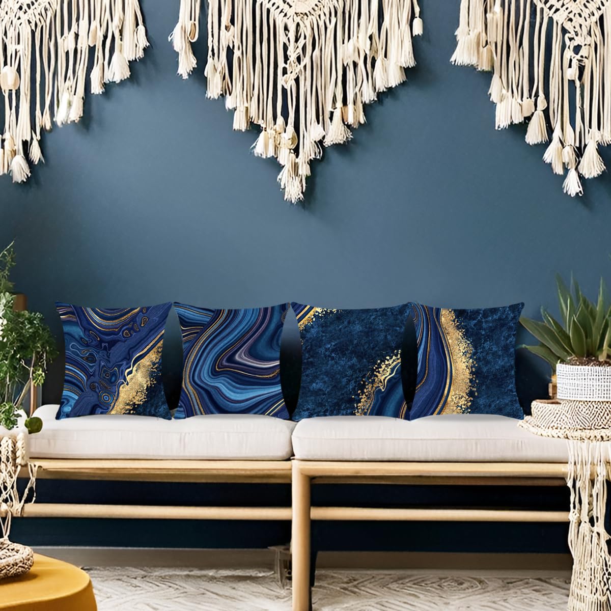Throw Pillow Covers, Navy Blue Decorative Pillow Covers,Blue and Gold Marble Pillowcase 18x18 inch, Couch Cushion Cover Set of 4 for Home Living Room Bedroom Sofa Decor Pillows