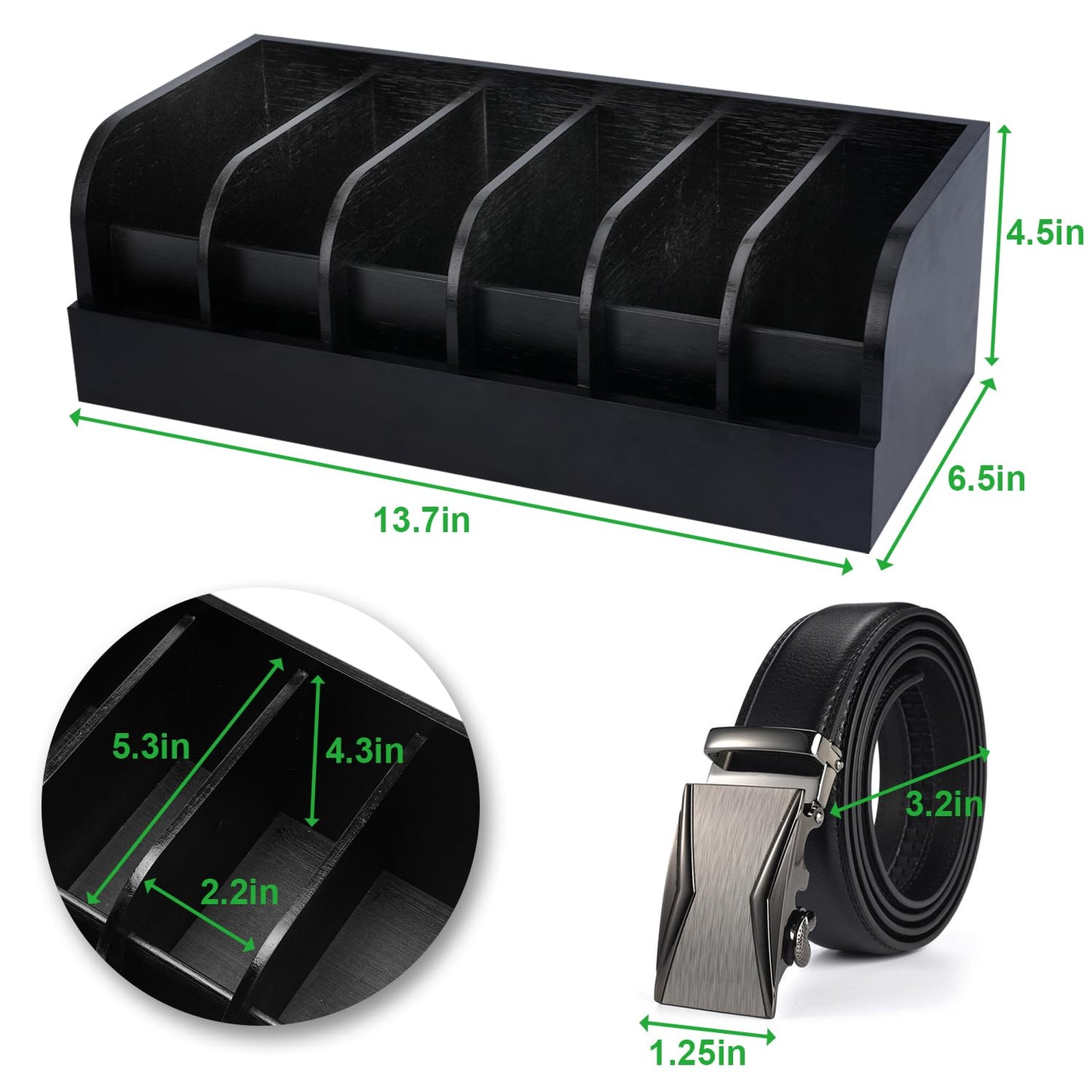 GTI Belt Organizer, 2pcs 6 Compartments Belt Organizer for Closet and Drawer, Bamboo Display Case for Tie and Belt, Belt Holder Storage Organizer for Men Women (Black)