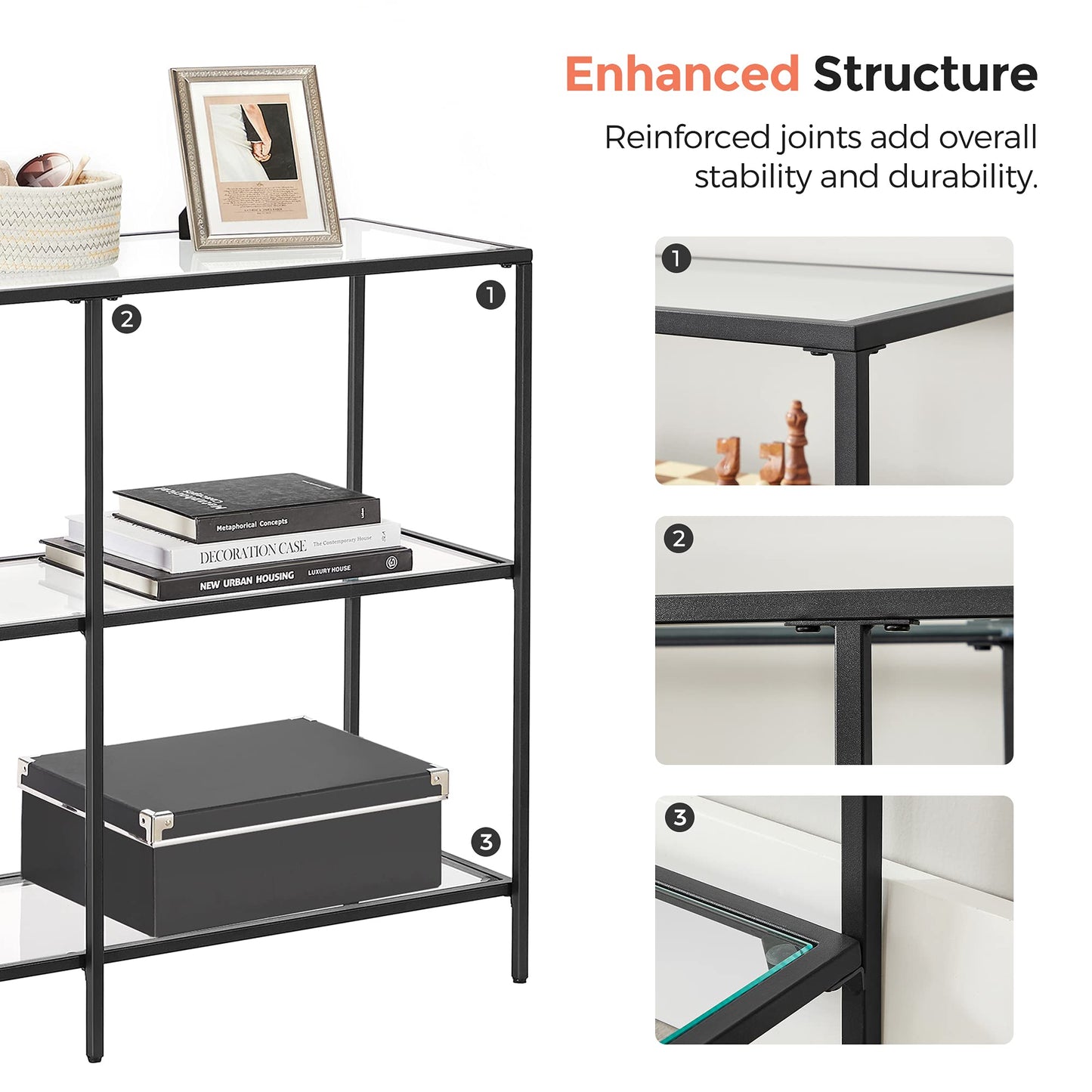 VASAGLE 39.4 Inch Console Table with 3 Shelves, Sofa Tables, Modern Entryway Table, Metal Frame, Tempered Glass Shelf, Entryway Living Room Bedroom, Classic Black and Transparent ULGT027B01