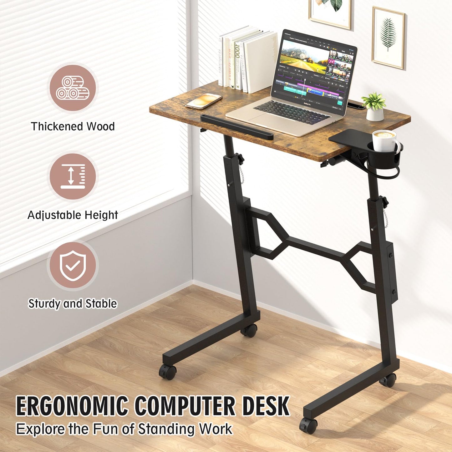 Enayplon Small Standing Desk with Wheels, Portable Treadmill Desk, Rolling Desk Adjustable Height for Laptop, Mobile Standing Table for Walking Pad, Bedside Table