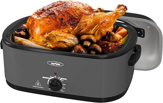 Sunvivi Roaster Oven, Electric Roaster Oven with Viewing Lid, 30lb 26-Quart Turkey Roasters with Unique Defrost/Warm Function, Large Roaster with Removable Pan & Rack, Stainless Steel, Grey