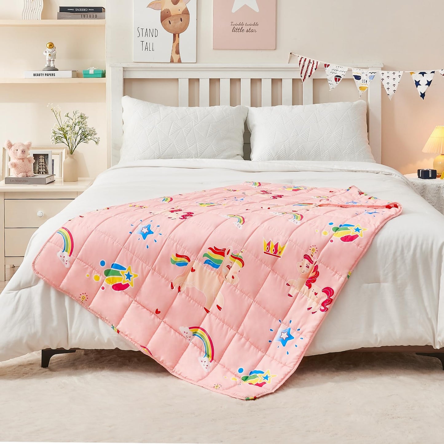 yescool Pink Weighted Blanket 5 Pounds Cooling Weighted Lap Blanket, Rainbow Unicorn Heavy Blankets, Breathable Weighted Throw Blanket for 40-60lbs, 36"x48"