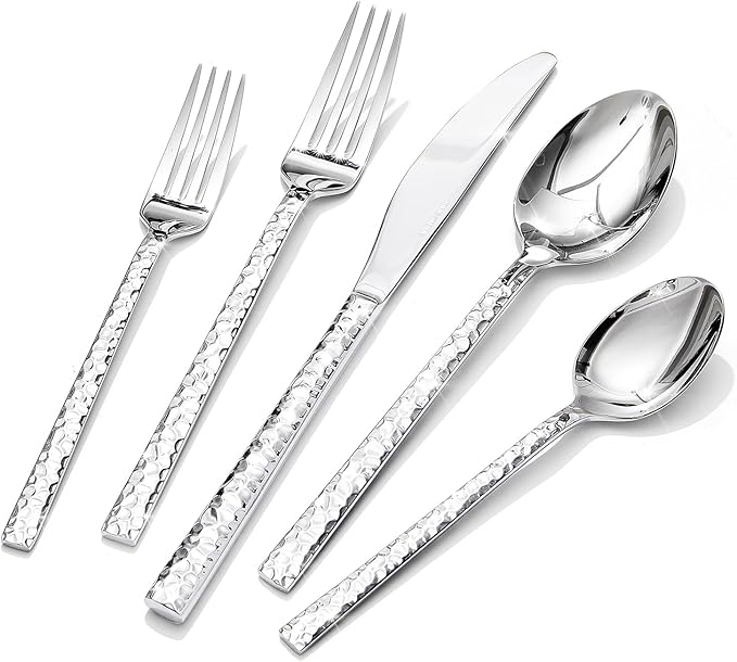 KINGSTONE 30 Piece Hammered Silverware Set, 18/10 Stainless Steel Flatware Set for 6, Cutlery Set for Home, Party, Wedding, Mirror Polished Dishwasher Safe
