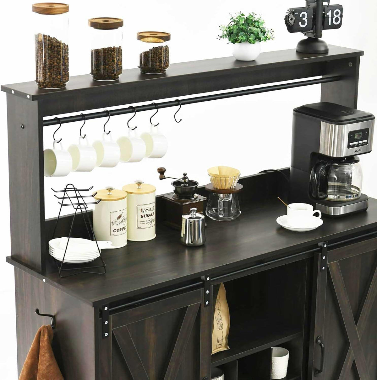 4ever2buy Farmhouse Coffee Bar Cabinet with Hutch and 6 Hooks, 47 Inch Wine Cabinet with Storage, Kitchen Buffet Cabinet with Adjustable Shelves &9 Wine Racks for Living Dining Room, Dark Oak