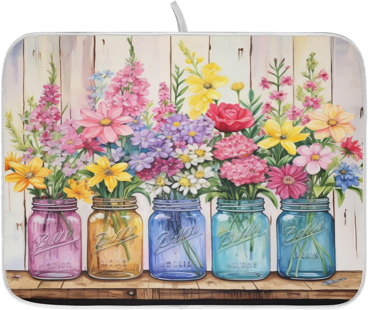 Spring Floral Jars Rustic Dish Drying Mat for Kitchen Counter Absorbent Microfiber Large Drying Pad Flowers Dish Mats for Kitchen Countertops 18 x 24 Inch