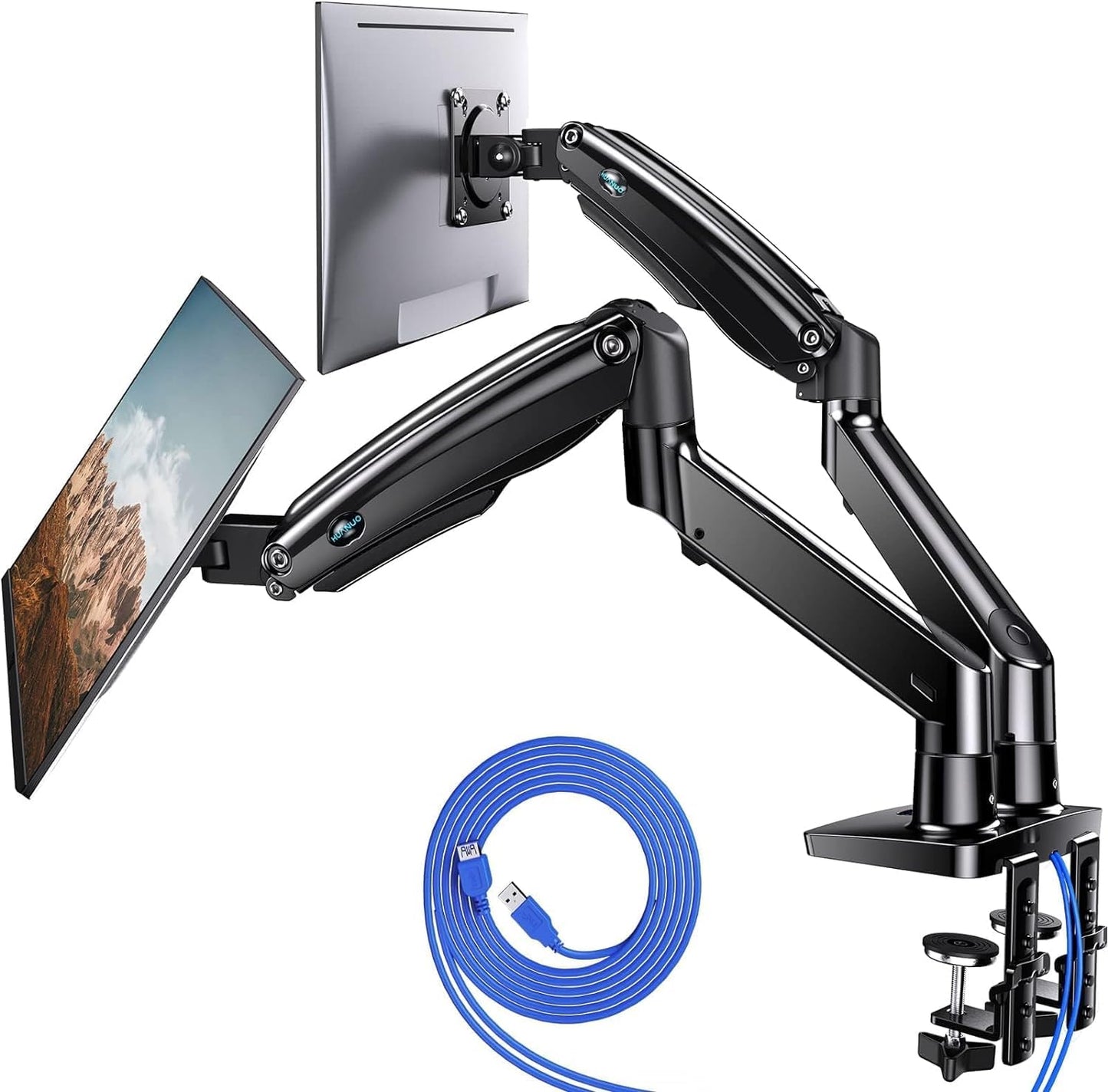 HUANUO Dual Monitor Stand for 13 to 40 inch, Premium Dual Monitor Mount with USB, Height Adjustable Monitor Stand for 2 Monitors, VESA Mount with Clamp/Grommet Base, Each Arm Hold up to 26.4lbs, Black