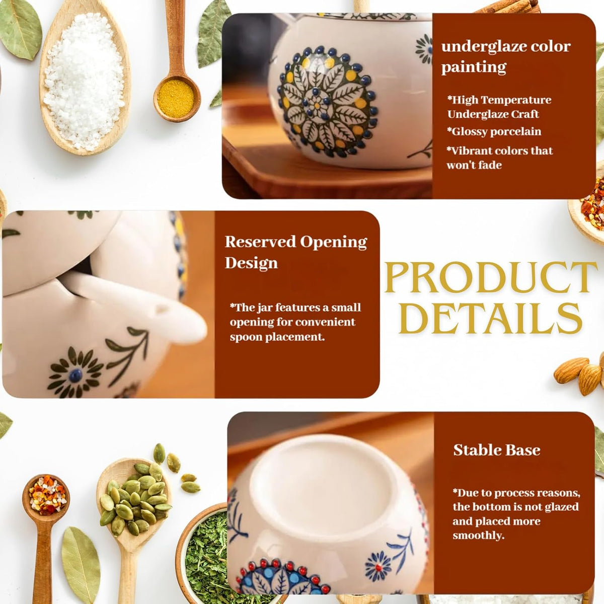 13.5 Oz Salt Cellar With Lid and Spoon (Blue)- Ceramic Chicken Spice Jars for Salt, Sugar, Pepper - Spice Containers for Countertop