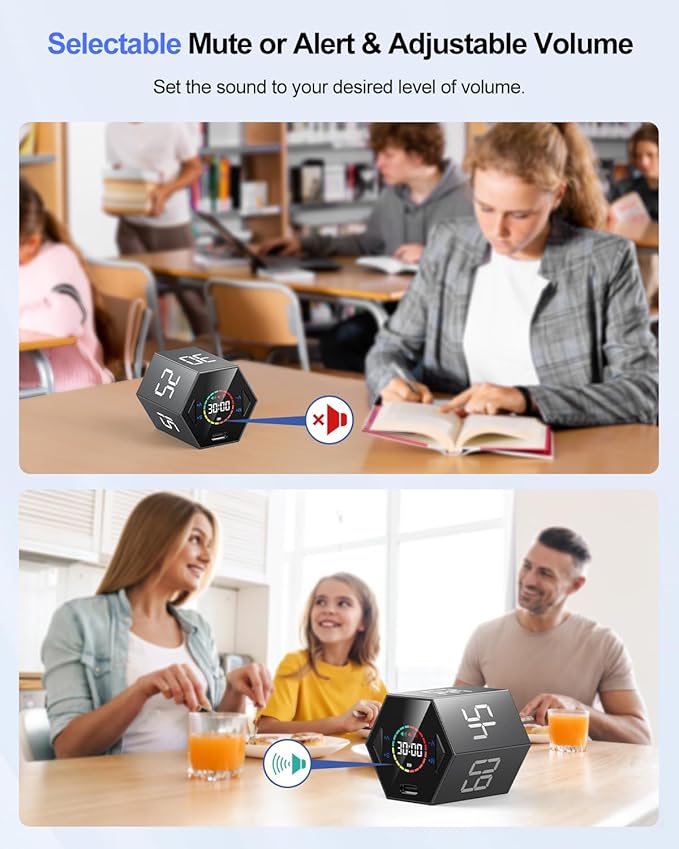 Ticktime Pomodoro Timer Cube, Hexagon Productivity Timer, Pause & Resume, Silent, Vibrate & Adjustable Sound Alert, for ADHD, Task, Work, Study, 5/15/25/30/45/60min & Custom Countdown,Gray