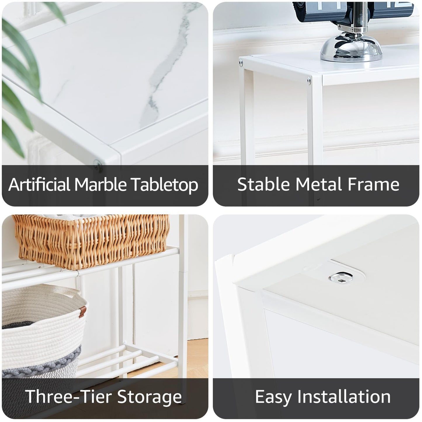 Wimarsbon 29.5" Narrow Console Table - 3-Tier Entryway Table with Shelves, Metal Frame, for Hallway, Living Room, Bedroom (White Frame White)
