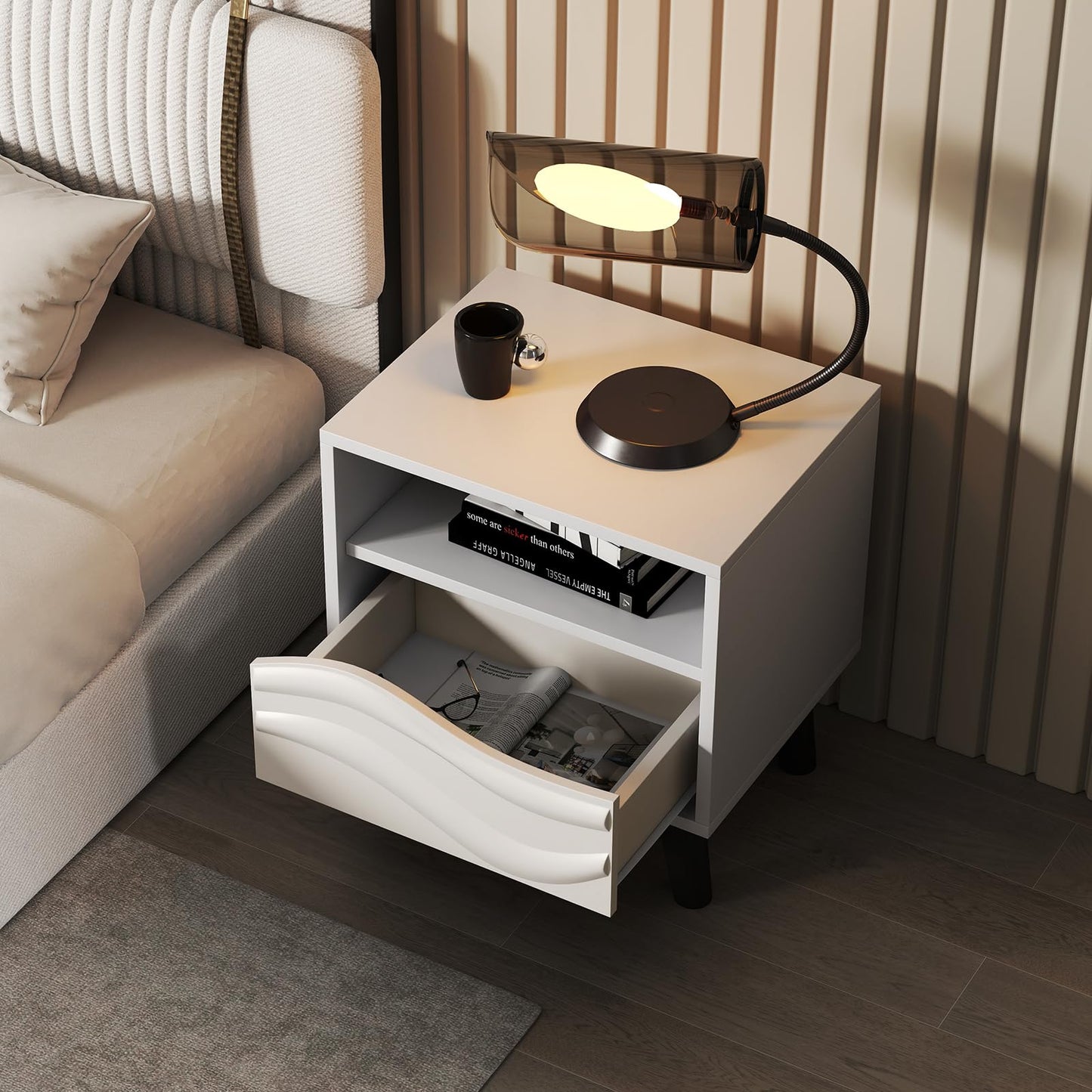 Giantex Mid Century Modern Nightstand, Wood Bedside Table with 3D Wavy Pattern & Open Shelf, Sofa Side Table, Night Stand for Small Space, Bedroom, White