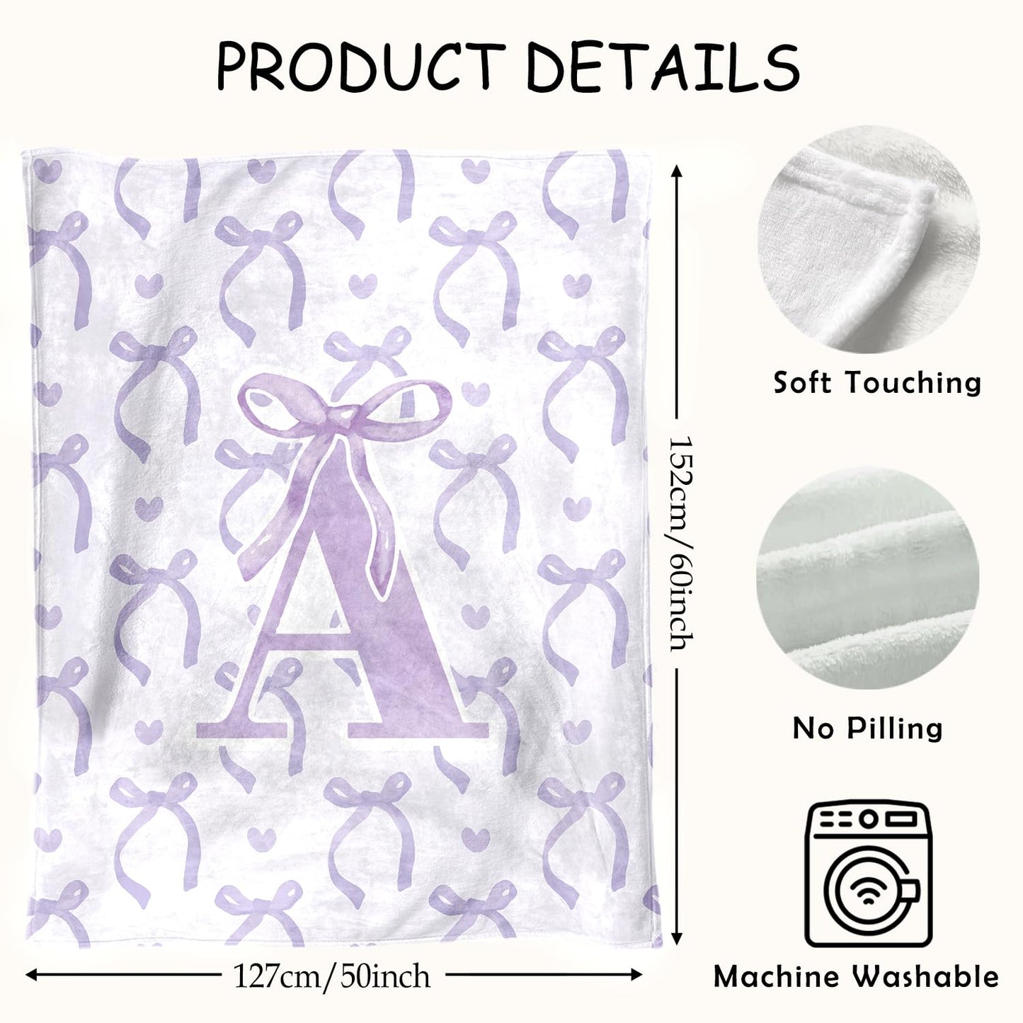 JKMBN Purple Bow Throw Blanket,Personalized Initial R Soft Fluffy Cozy Flannel Blanket,Monogrammed Gifts for Daughter Women Teen Girls,Customized Blanket for Bedding Bedroom Office,50x60 Inches