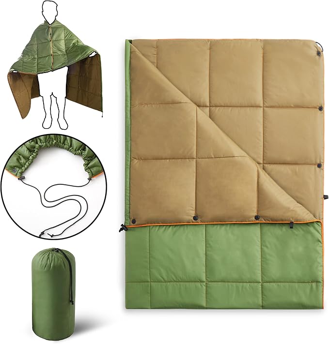UNIKOME Outdoor Packable Camping Blanket, Lightweight Travel Blanket for Hiking, Camping, Dual-Sides Waterproof Puffy Down Alternative Camping Blanket with Snap Clasps, 75"×52", Army Green&Brown