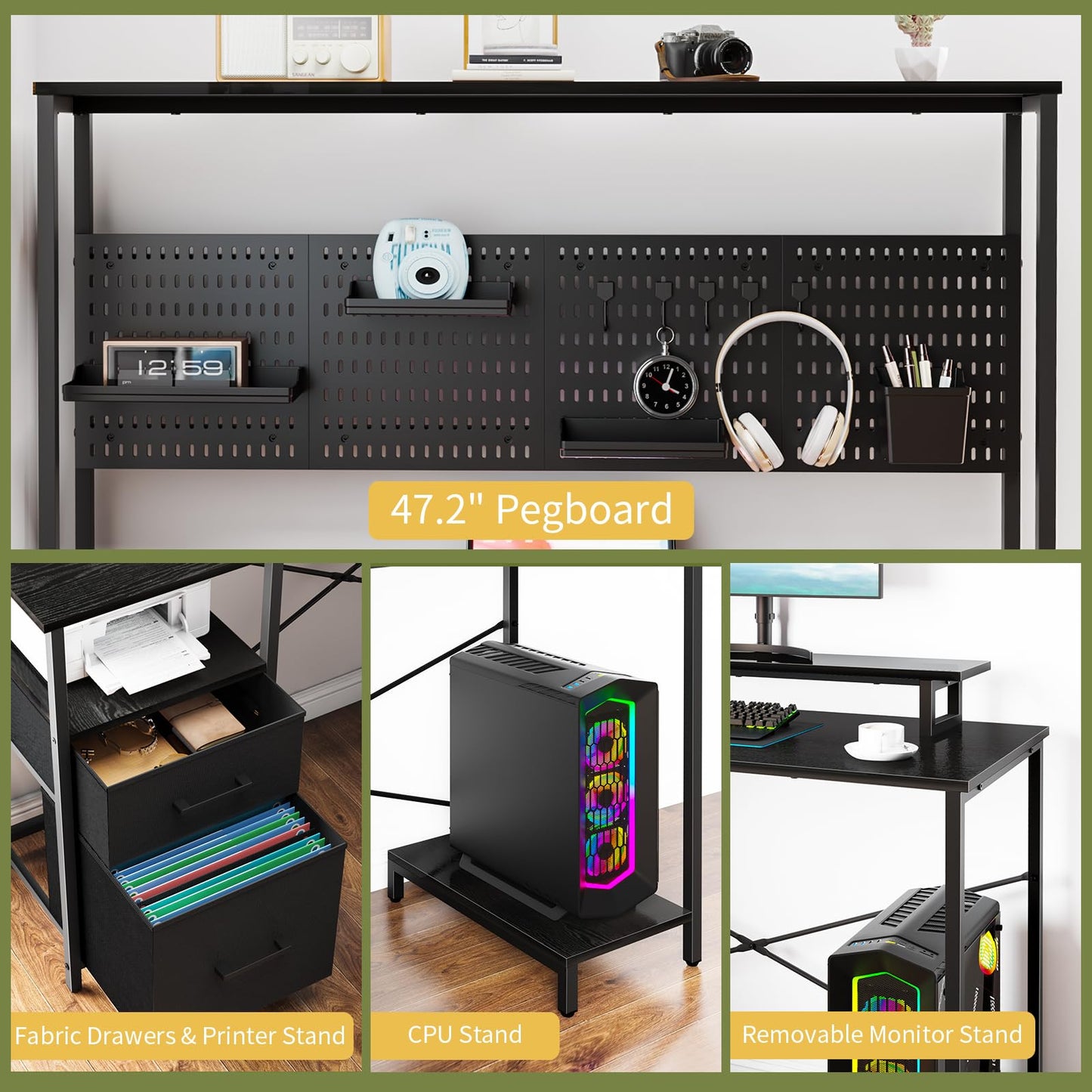 Yoobure L Shaped Desk with Pegboard, Reversible Computer Desk with Drawers & Storage Shelves, Gaming Desk with LED Lights & Power Outlets, Office Desk with Monitor Stand Corner Desk Home Office Desks