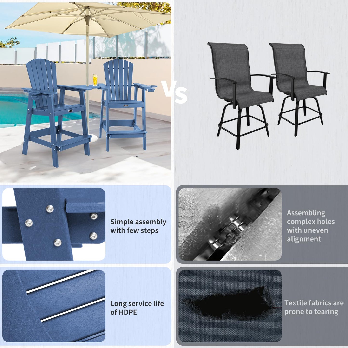 FUNBERRY Tall Adirondack Chair, All Weather High Top Balcony Chairs with Cup Holder