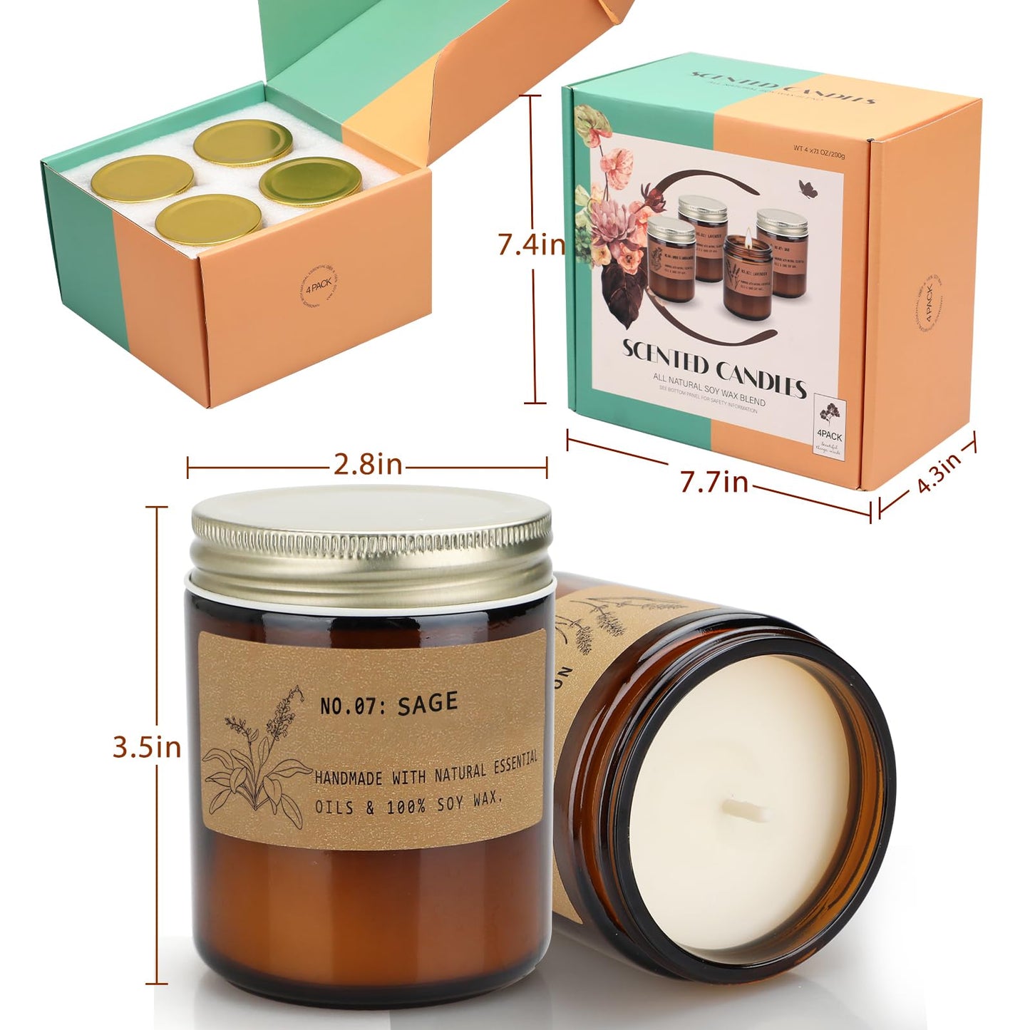 Aromatherapy Candles for Home Scented, Candle Gift Set for Stress Relief | Meditation | Yoga | SPA | Relaxing, Amber Jar Candles for Women, Birthday, Valentine, Mother's Day, 7.1 oz - Pack of 4