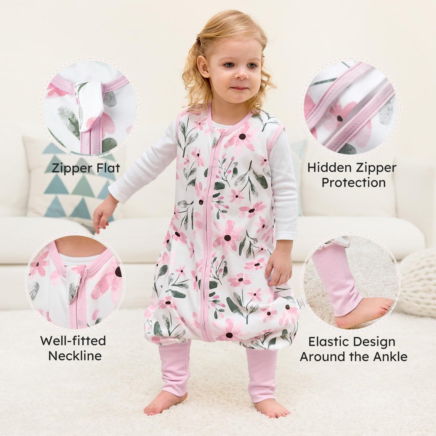 Yoofoss Toddler Sleep Sack With Feet 3-4T 100% Organic Cotton Baby Sleep Sack with Legs Toddler Wearable Blanket with 2-Way Zipper