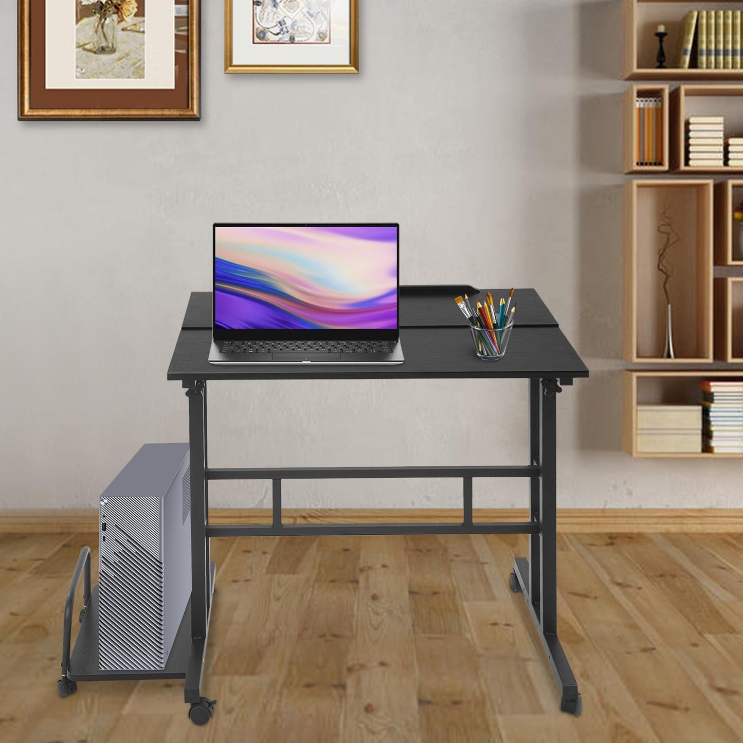JOMCYDM Height Adjustable Mobile Laptop Desk Standing Desk with Wheels Portable Computer Table Rolling Working Station with Storage Shelves for Home Office Small Space
