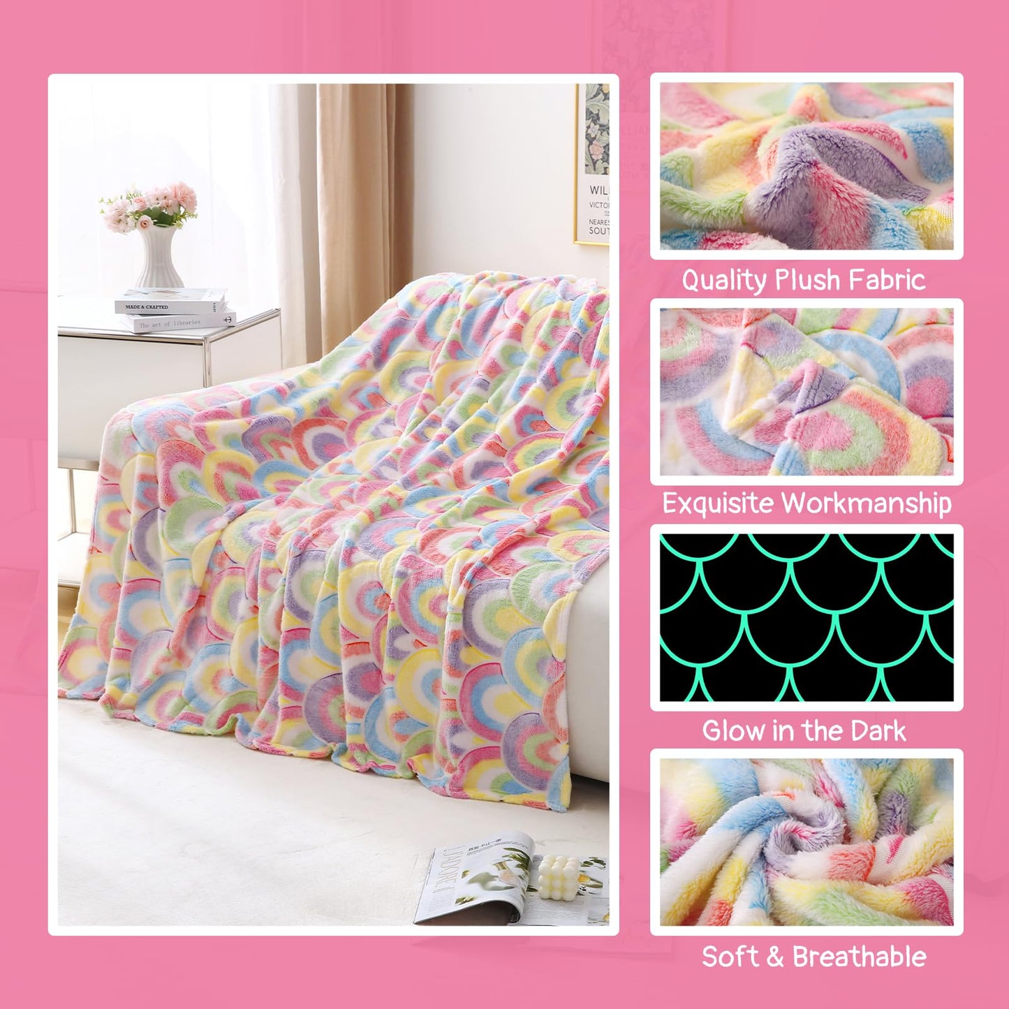 YAMIHOM Rainbows Blanket for Girls - 50"×60" Glow in The Dark Unicorn Throw for Toddler Kids Women Ideas for Age 1 2 3 4 5 6 7 8 9 10 Childs Teens