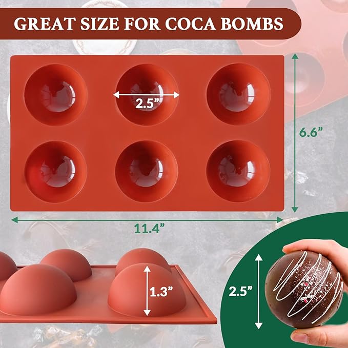 Hot Chocolate Cocoa Bomb Molds Hemisphere Silicone 2.5 Inch 3 Pack, Semi Ball Mould 6 Cavity Large Circular, BPA Free Non-Stick Half Sphere Holiday Valentine DIY Cake Jelly Dome Mousse