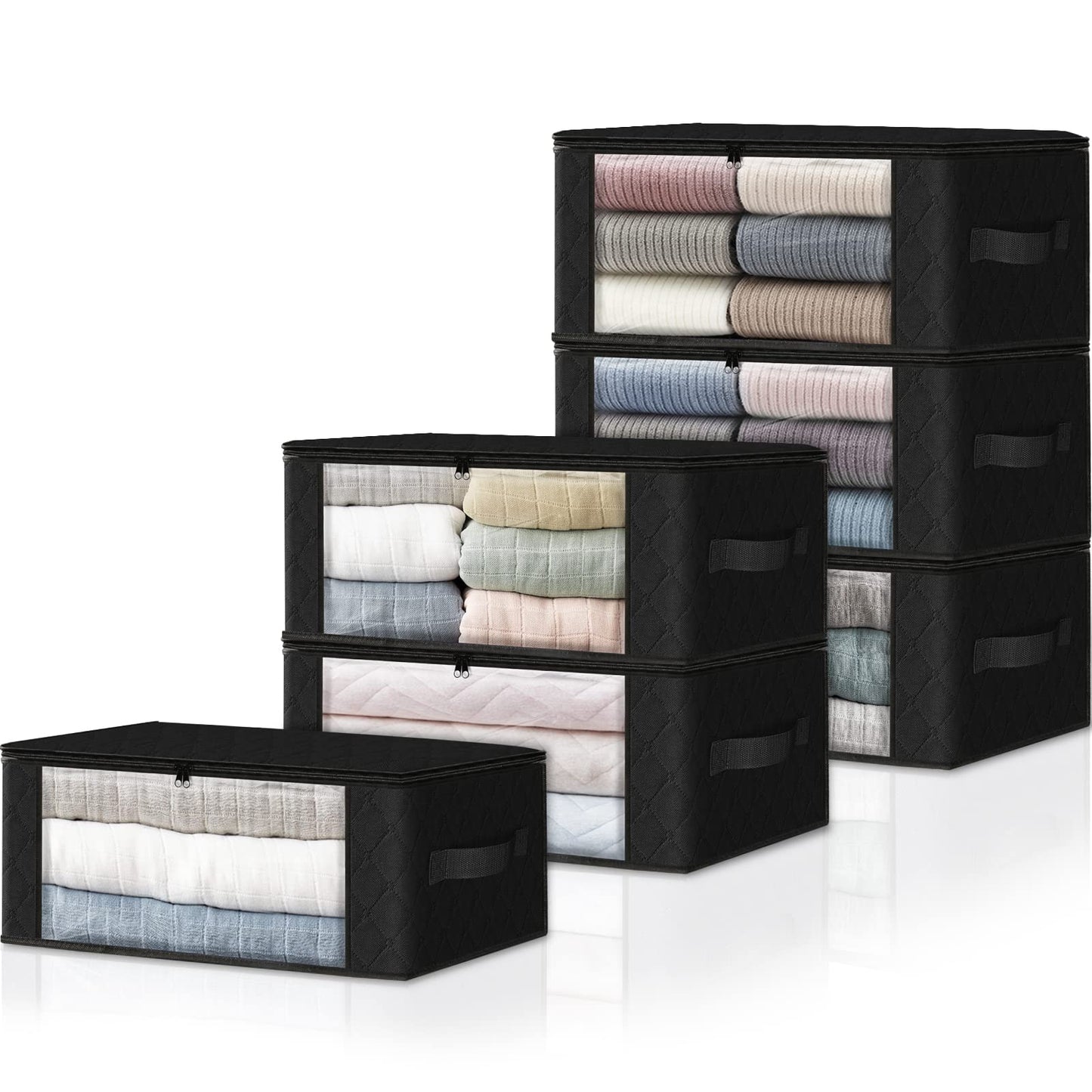 HomeHacks 6-Pack Clothes Organizer Storage Bags Foldable Storage Box with Large Clear Window Sturdy Handles for Closet, Dorm, Pillows, Bedding, Clothes, Stuffed Toys, Blankets, 35L, Black