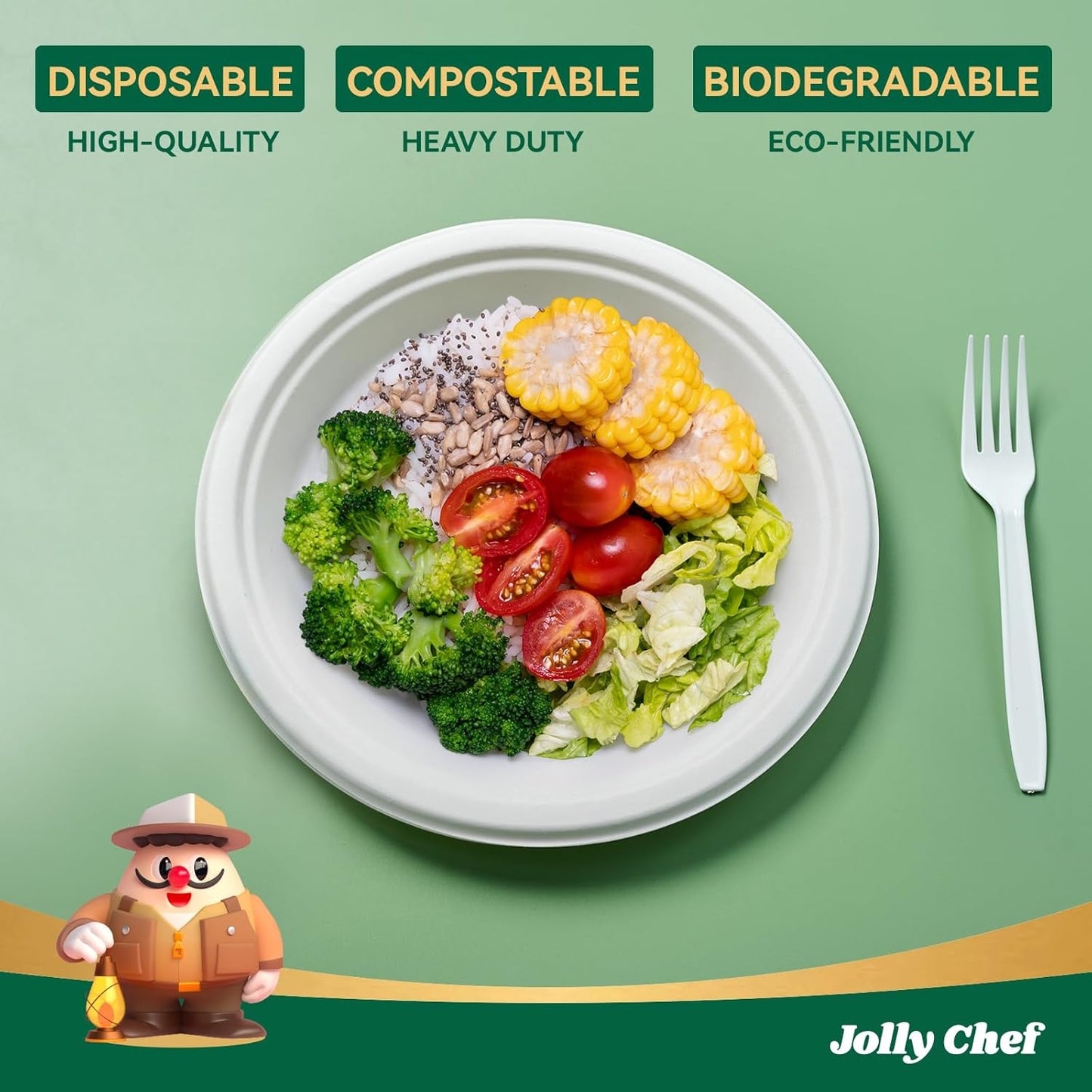 JOLLY CHEF Compostable Heavy Duty Plates 9 Inch [300 Pack] Eco-Friendly Disposable Natural Paper Plates Bagasse Biodegradable Bulk for Party Dinner Sugarcane Fibers Round 300 Count(White)