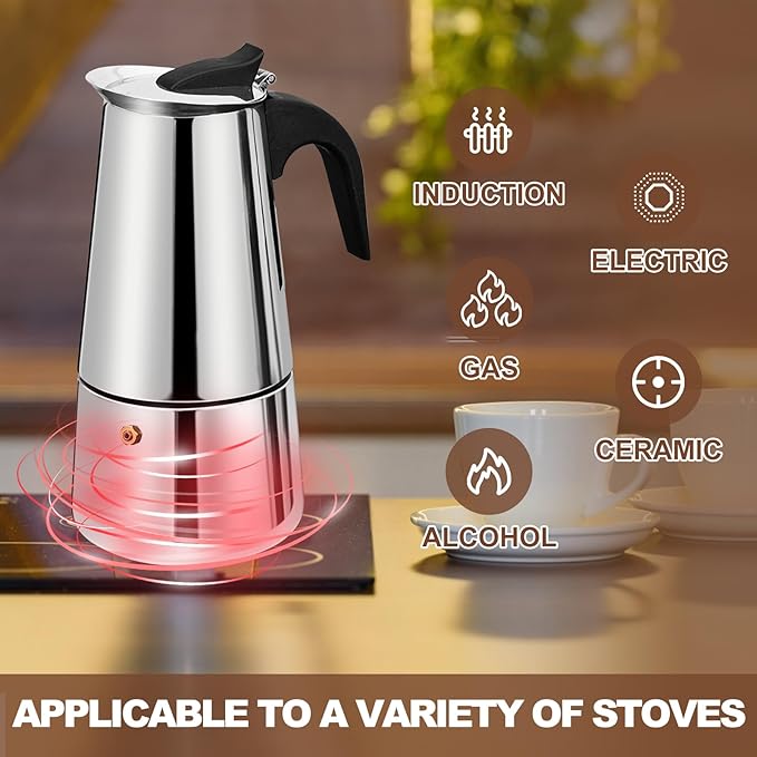 12 Cup Stovetop Espresso Maker Stainless Steel Moka Pot Stove Top Percolator Italian Coffee Makers Capable Mocha Greca Machine Cafe Classic Induction Cookers for Home and Camping 600ml 20oz