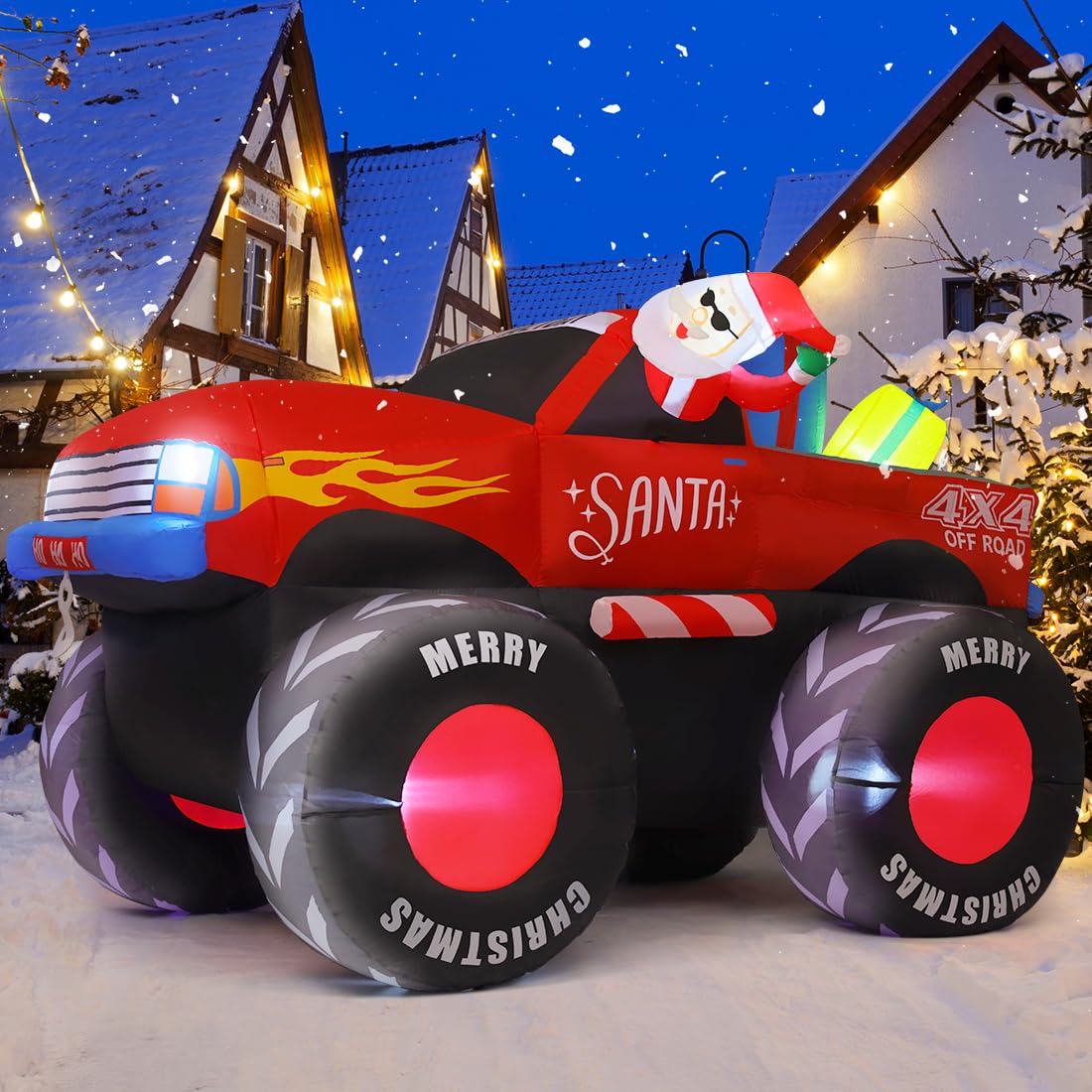 GOOSH 7.5 FT Long Christmas Inflatables Santa Claus Outdoor Decorations Blow Up Yard Snowman with Presents on Truck with Built-in LEDs for Garden Lawn Indoor Party Décor