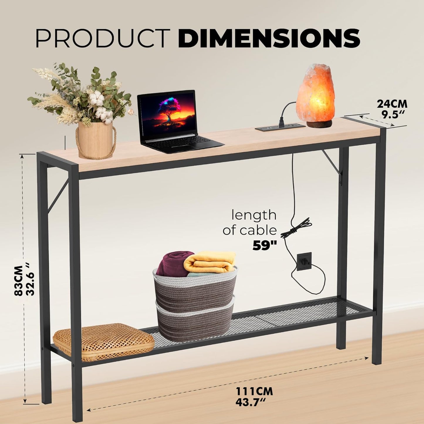 Entryway Table with Power Outlet, 43" Farmhouse Industrial Narrow Console Table with storage shelf, 2 USB and 2 Sockets Sofa Table for Entrance, Living Room and Hallway with long Power Cord, Beechwood