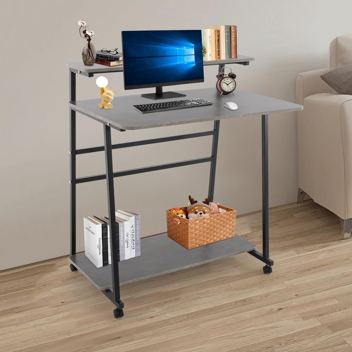 CNCEST Rolling Computer Desk, 3-Tier Computer Desk, 36inch Home Office Desk with Storage Shelves Used As A Computer Table, Study Table, Reading Table, Writing Table 31.5 * 19.69in (Black+Grey)