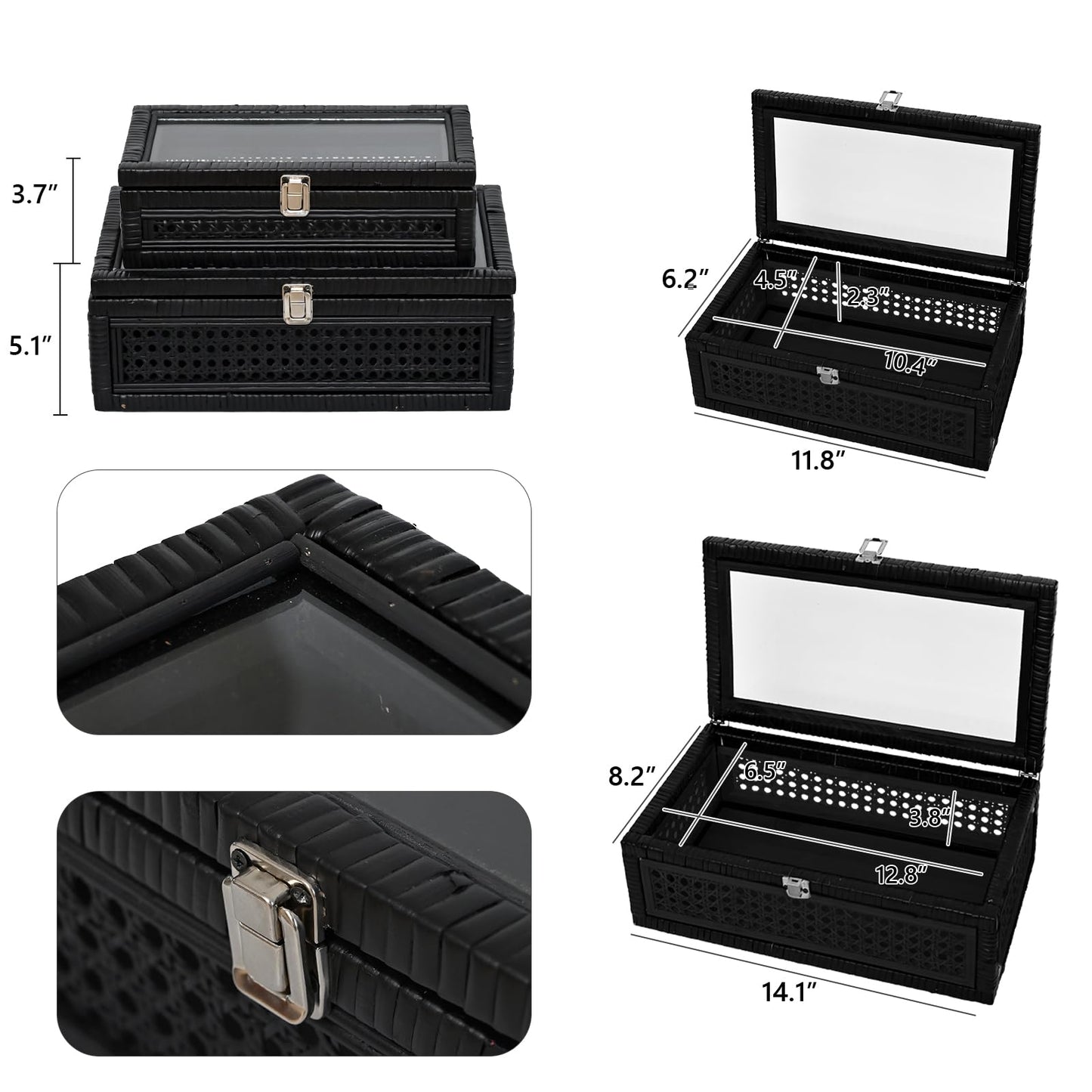 DECOR4SEASON Cane and Rattan Decorative Storage Boxes with Lids - Elegant Set of 2, Stacking Boxes with Glass Top, Handcrafted Rustic Charm for Home Organization (Black, 14.1"x8.2"x5.1")