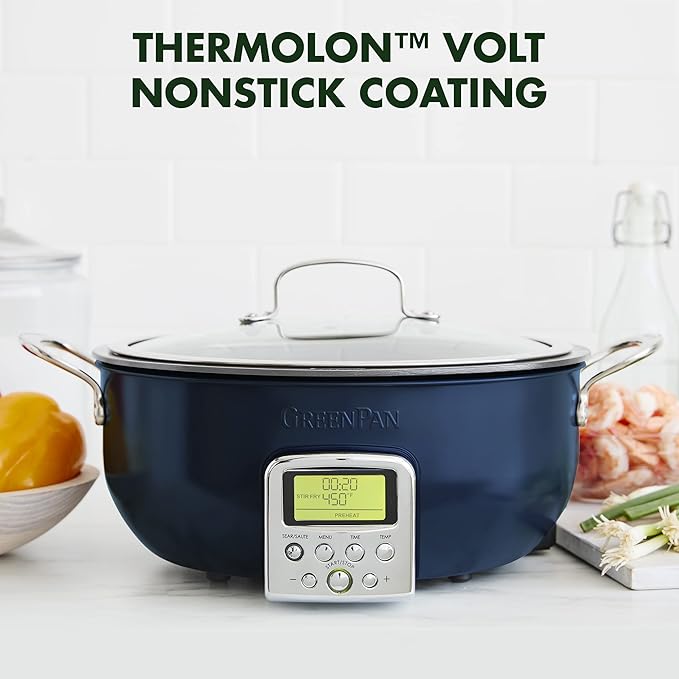 GreenPan Elite Essential Smart Electric 6QT Skillet Pot, Presets to Sear Saute Stir-Fry and Cook Rice, Healthy Ceramic Nonstick and Dishwasher Safe Parts, Easy-to-use LED Display, Oxford Blue
