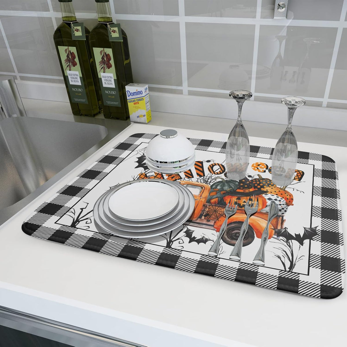 Holiday Truck Dish Drying Mat - Orange Holiday Absorbent Microfiber Dish Drying Pad for Kitchen Counter