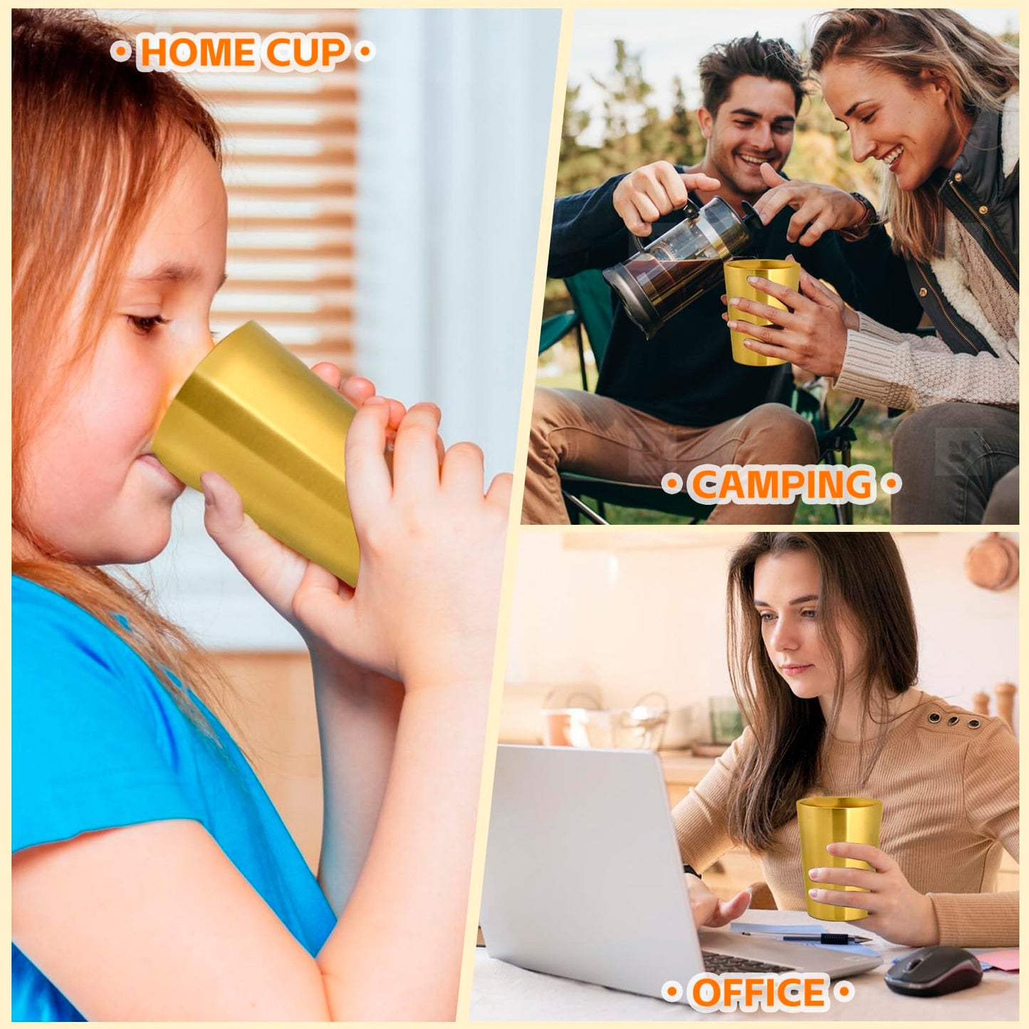 HOEGMST 10 Pack 12 oz Stainless Steel Insulated Cup, Double Wall Vacuum Small Metal Cup, Reusable Camping Cups Unbreakable Indoor Outdoor for Party, Home, Office, BBQ, Gold