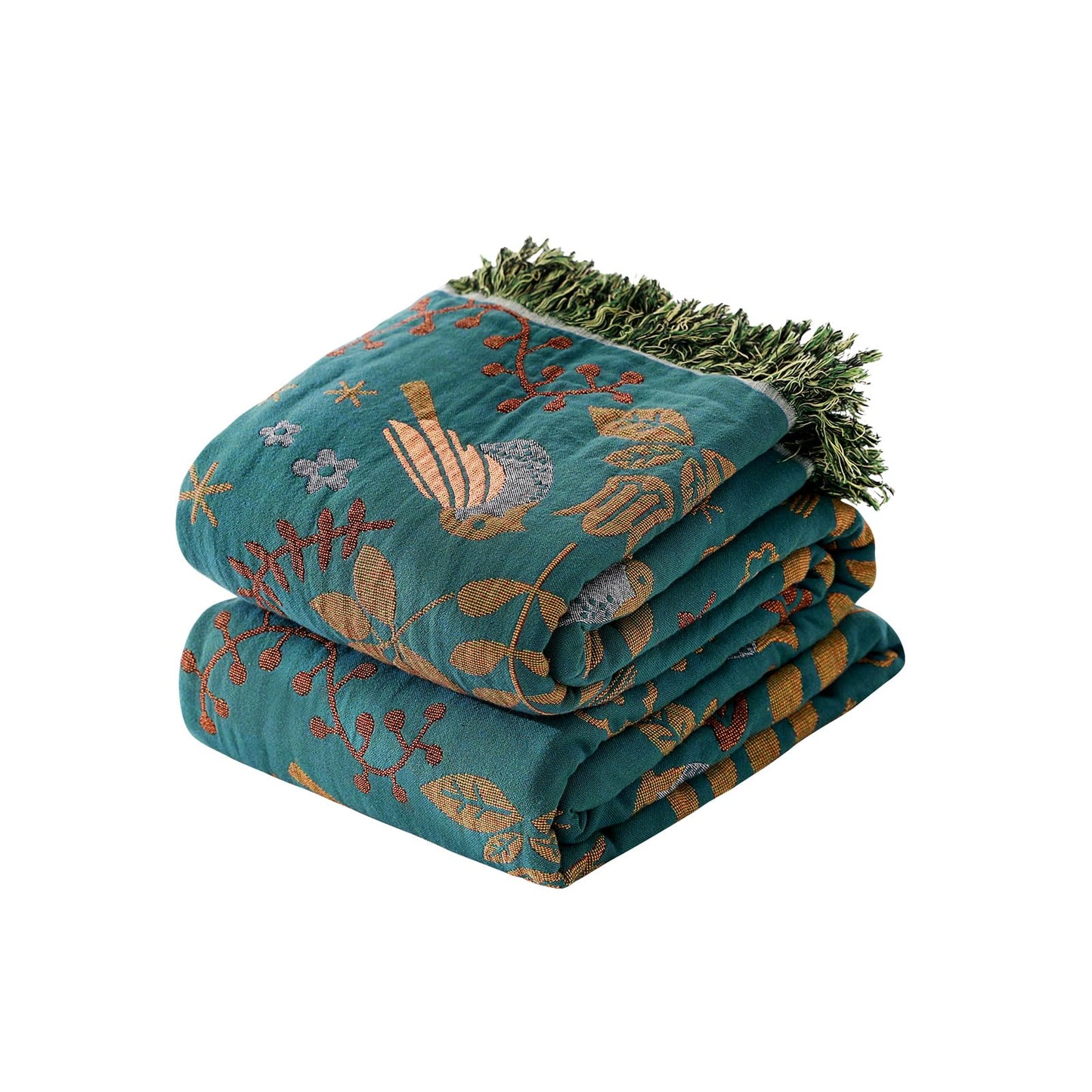 Boho Throw Blanket- 100% Cotton Muslin Blanket for Bed Couch, 60"x80" Reversible Breathable Summer Blanket Soft Lightweight Farmhouse Throw Blanket Rustic Quilt, All Season Floral Bird Decor Blankets