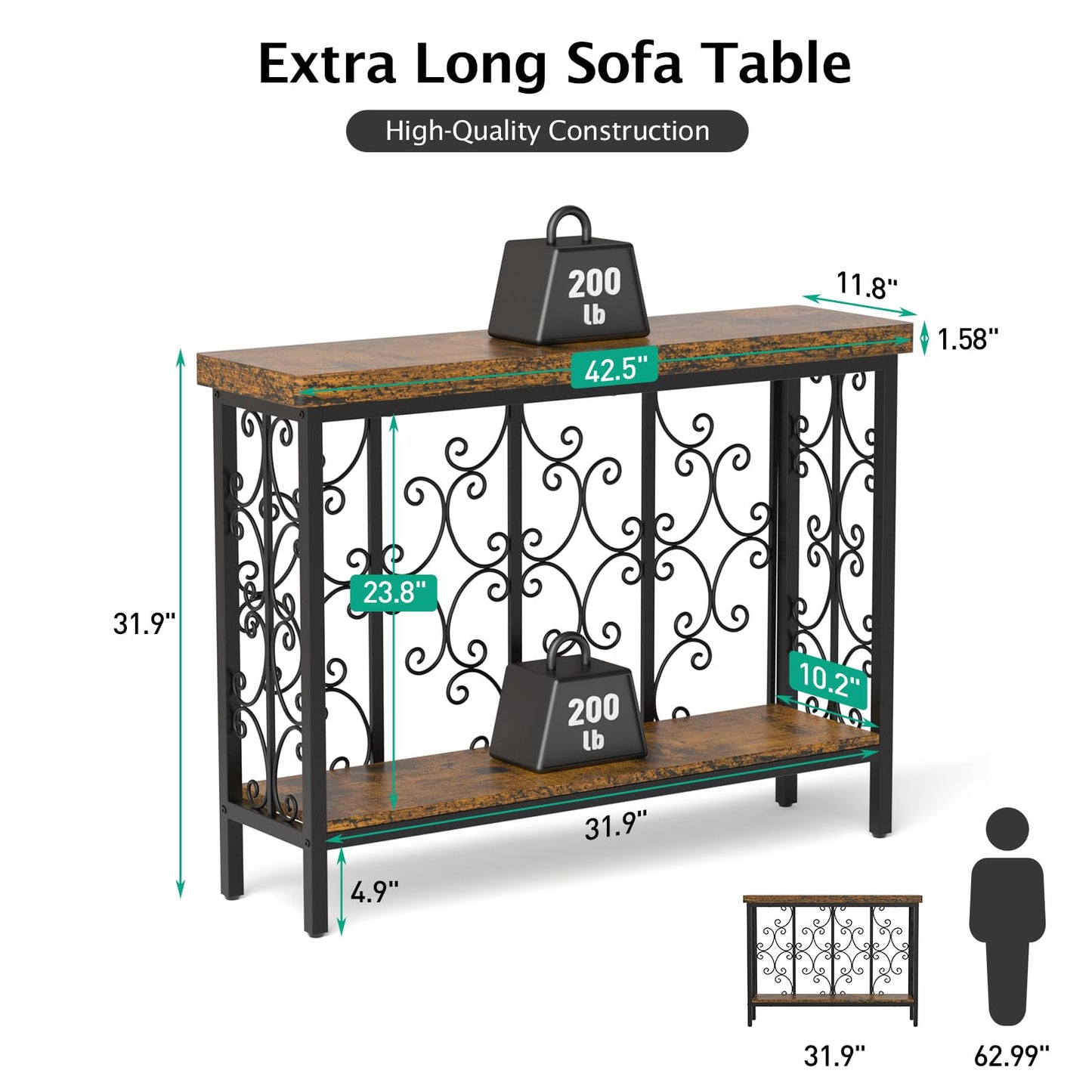 XCSOURCE Console Table, 42.5" Entryway Table with Storage Shelf, Narrow Sofa Table Behind Couch, 2-Tier Hallway Accent Tables for Living Room, Entrance, Foyer, Rustic Brown