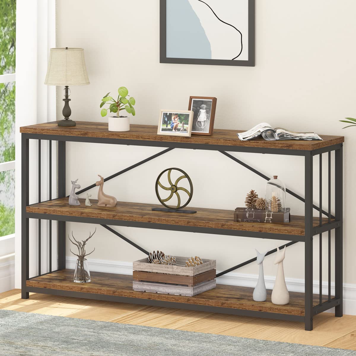 LVB Industrial Console Entryway Table, Metal Wood Rustic Sofa Table with Storage, Farmhouse 3 Tier Shelf Long Hallway Foyer Entry Tables Behind Couch for Home Living Room Entryway, Rustic Brown, 55 In