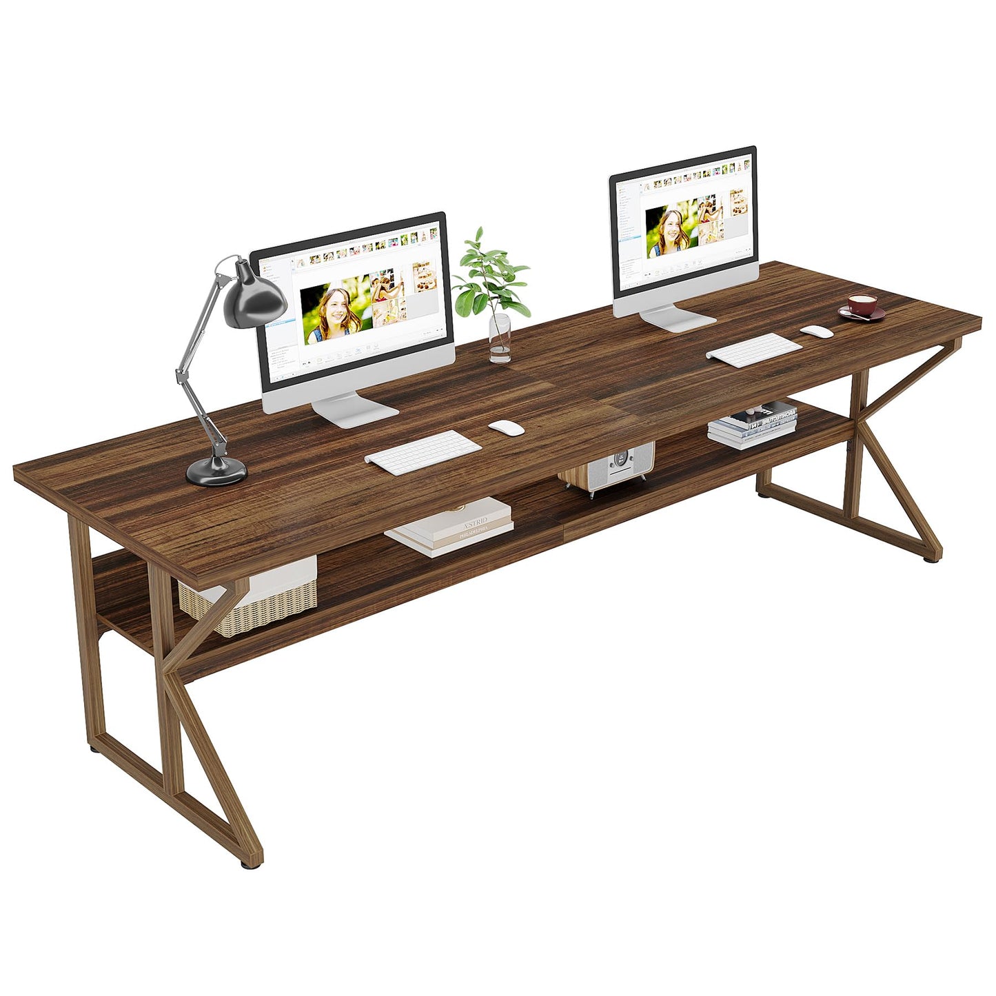 Tribesigns 79-Inch Extra Long Desk, Two Person Desk with Storage Shelf, Large Writing Table for Home Office, Rustic Brown