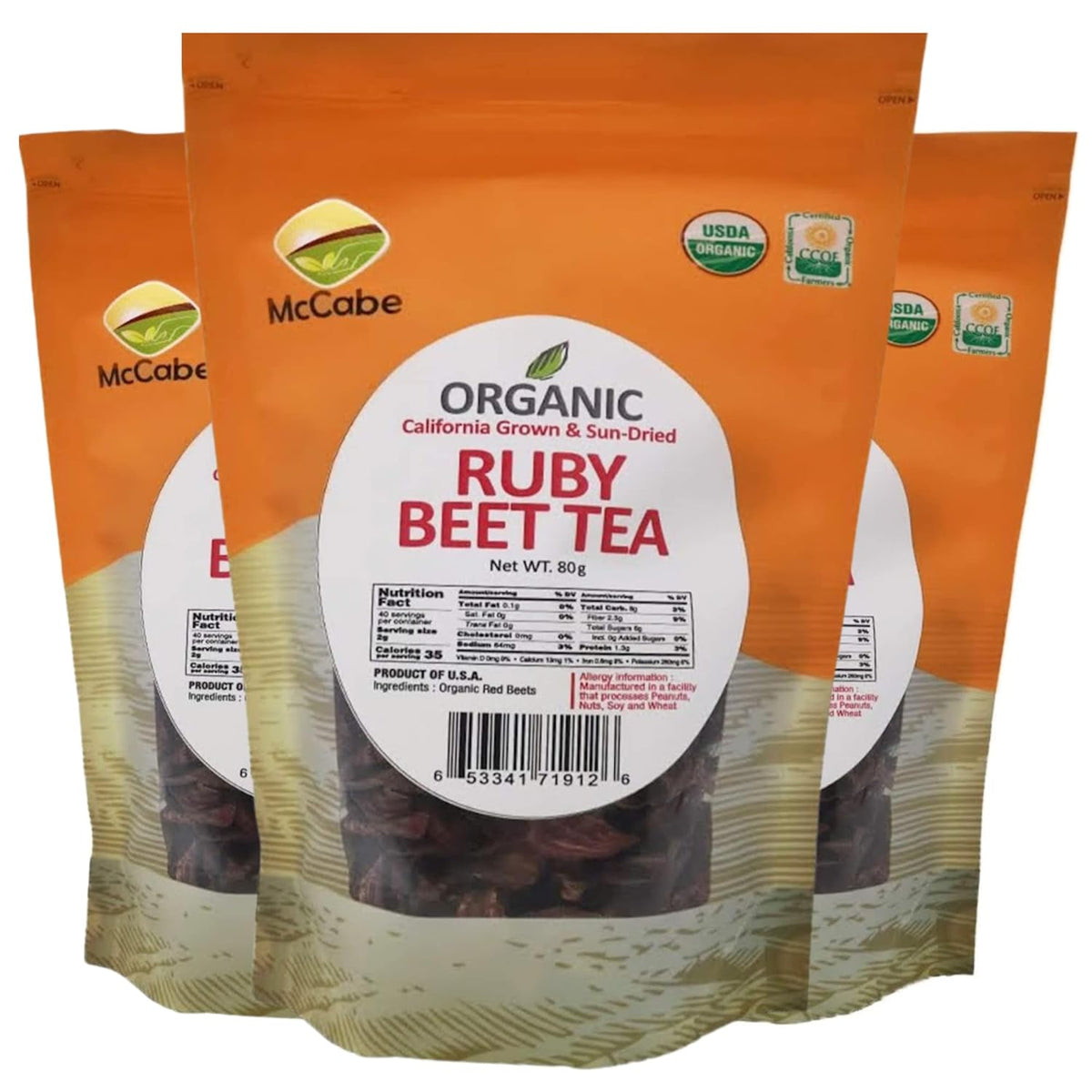 McCabe Organic Sun-Dried Ruby Beet Tea - Organic Beet Root Tea 80g (Pack of 3) | Rich with Fiber & Minerals | USDA and CCOF Certified | Product of USA