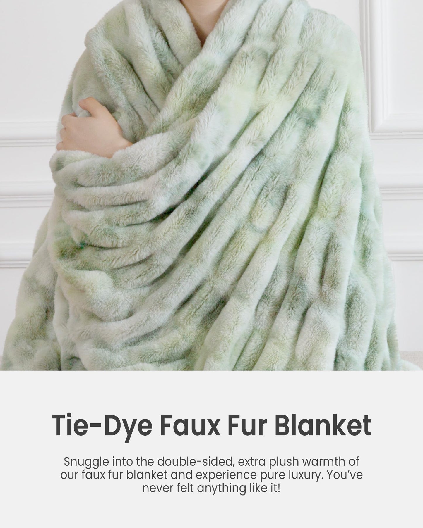 blunique Faux Fur Blanket, Twin Size Oversized Throw Blanket for Couch, Fluffy Blanket with Stretch Ruched Design, Ultra Soft Giftable Home Decor, 60x80 inches, Tie-Dyed in Sage Green