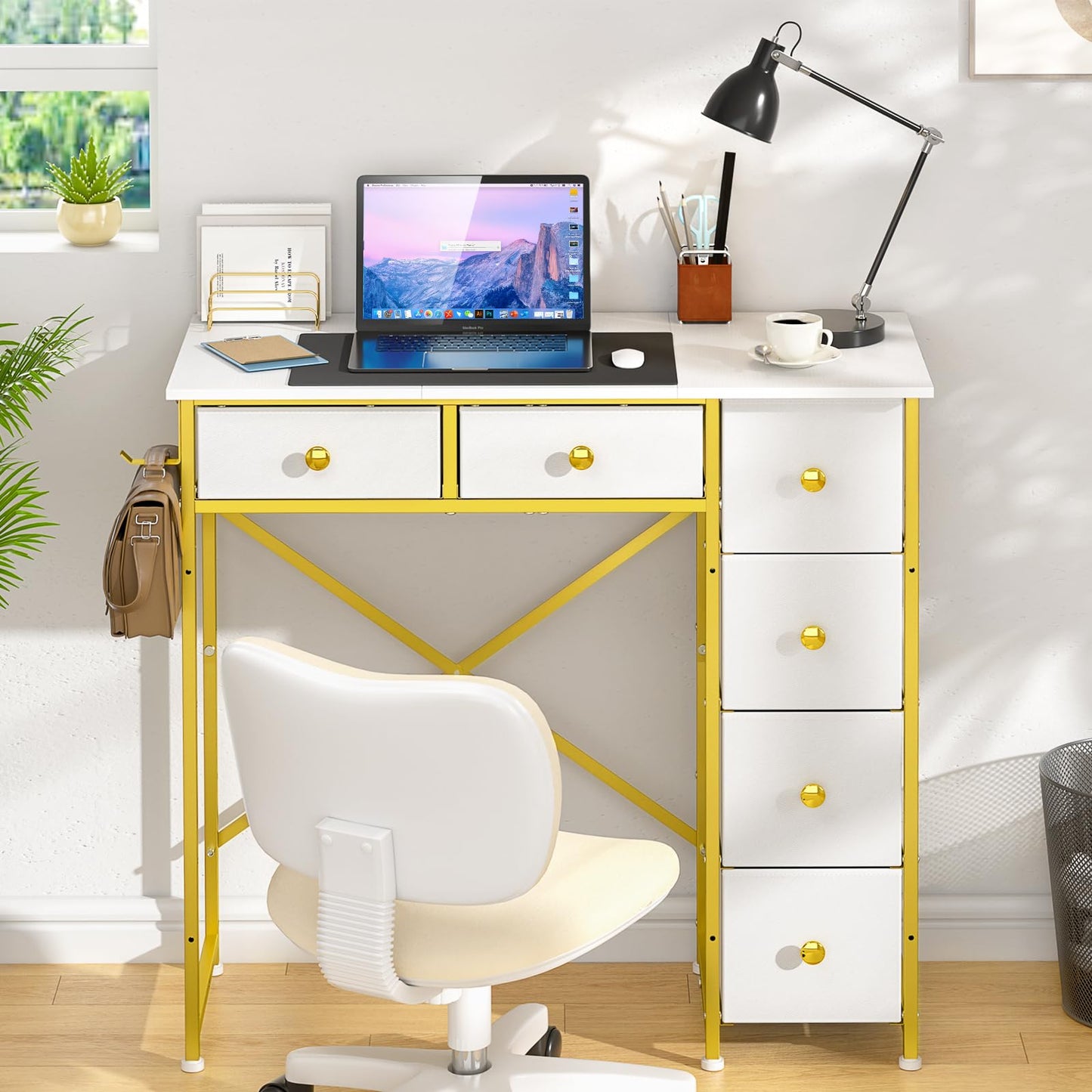 3IngSeagulls Small Computer Desk with 6 Drawers, 32 Inches Work Table for Home Office, Writing Desk with Storage, Compact Study Desk for Small Spaces, Kids Study Desk for Bedroom, White and Golden