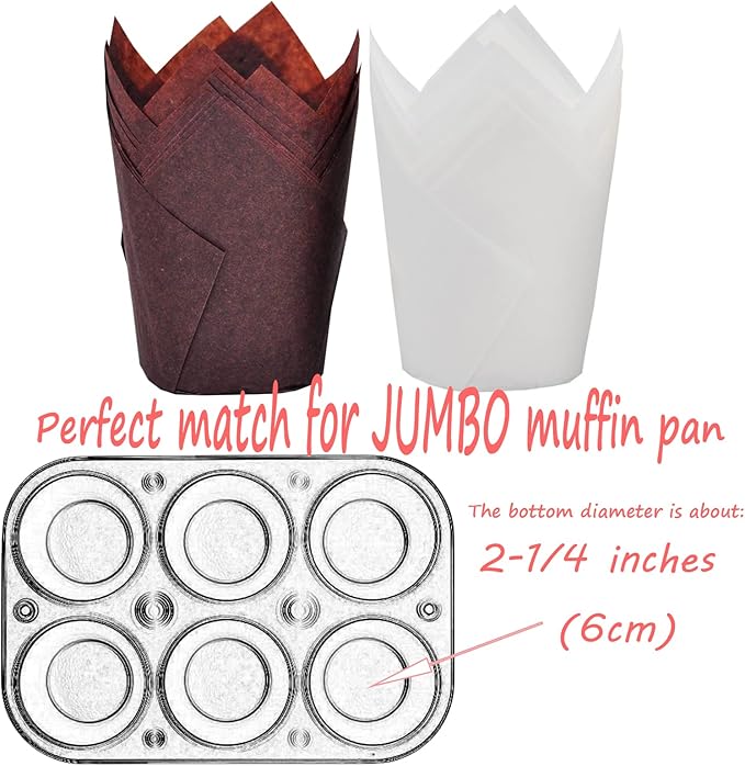 Large size White+Brown Tulip Baking Cups 2-1/4"(Base diameter) x 4"(Wall height) Greaseproof paper baking cupcake Muffin liners, Case of 130 pcs