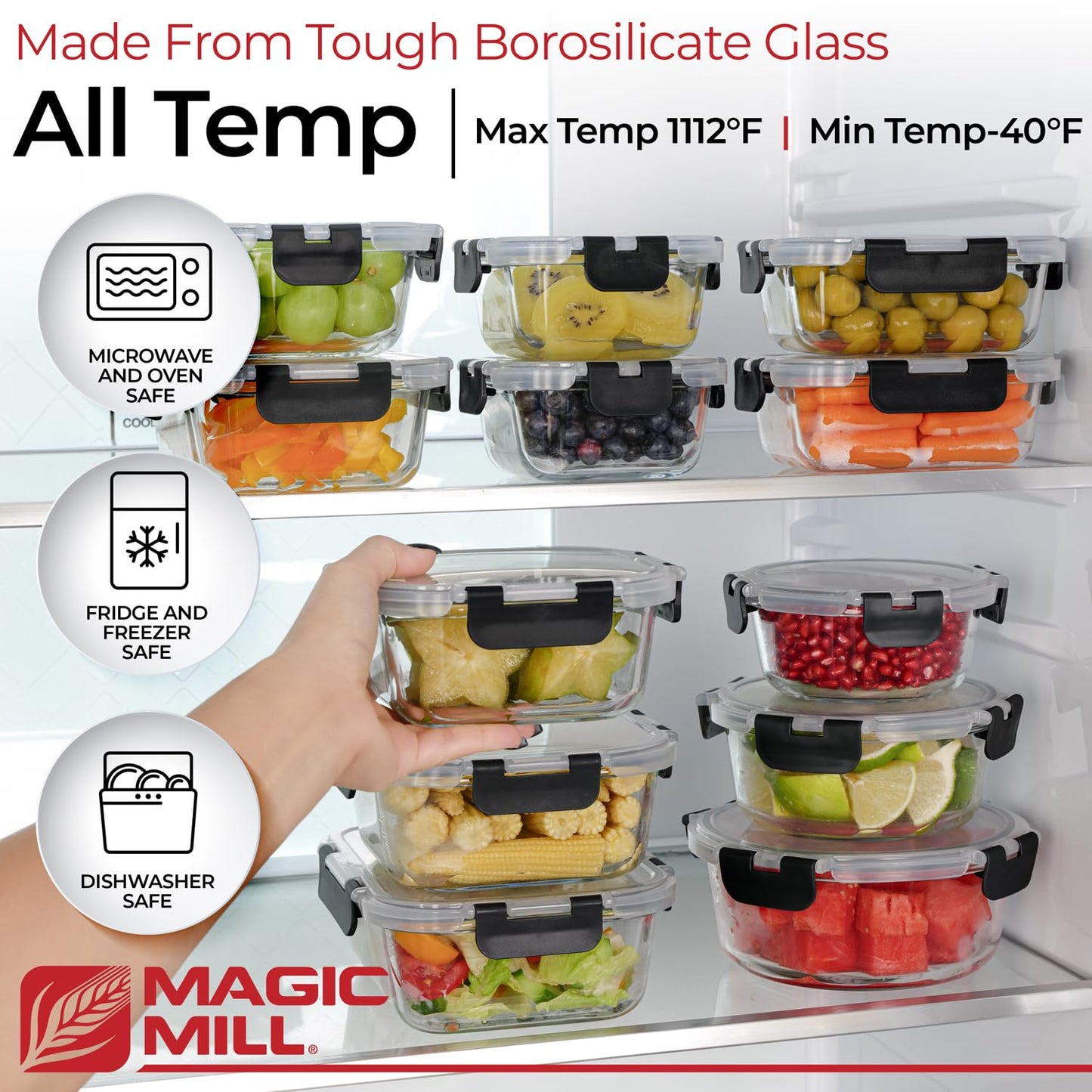 Magic Mill Glass Storage Containers with lids Set | Ultimate 24pc Sets with 12 Food Storage Containers & 12 Airtight Locking Lids for Lunch, Meal Prep, Fridge, Freezer, and Dishwasher Safe, BPA-Free
