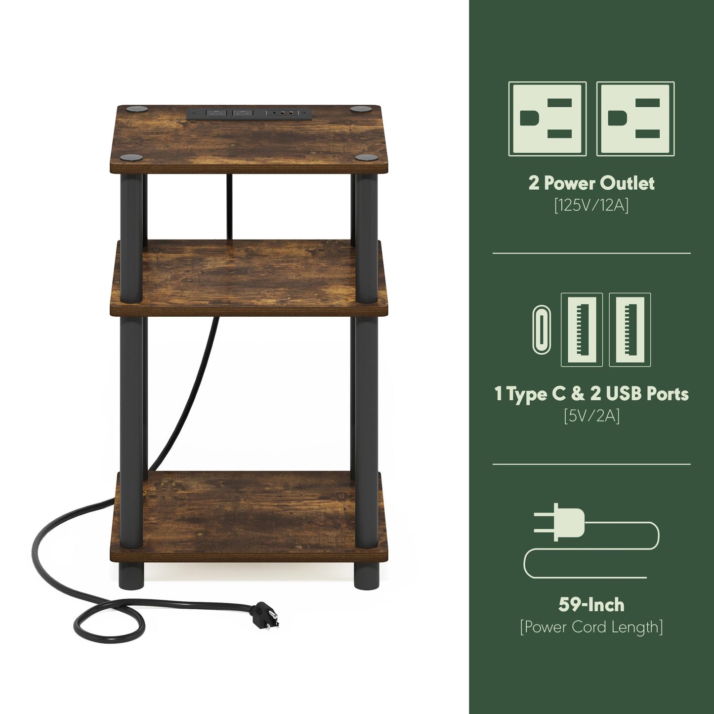 Furinno Just 3-Tier Turn-N-Tube USB and Type-C Charging Port End Table with Open Storage, 11.42 (W) x 8.82 (H) x 6.77 (D) inches, Amber Pine/Black