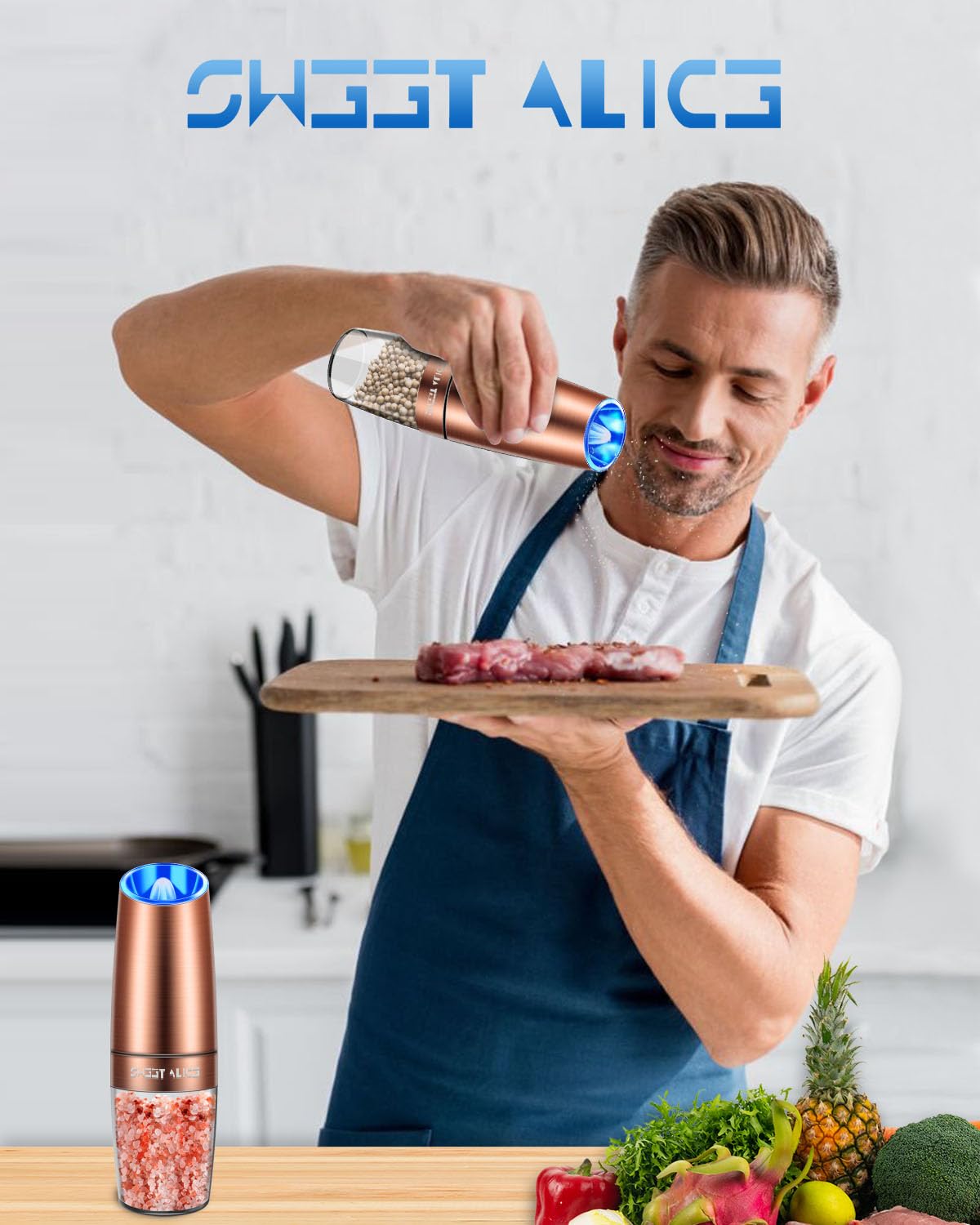 Sweet Alice Gravity Electric Pepper/Salt Grinder, Salt or Pepper Mill, Adjustable Coarseness, Battery Powered with LED Light, One Hand Automatic Operation, Stainless Steel (Single/Copper)