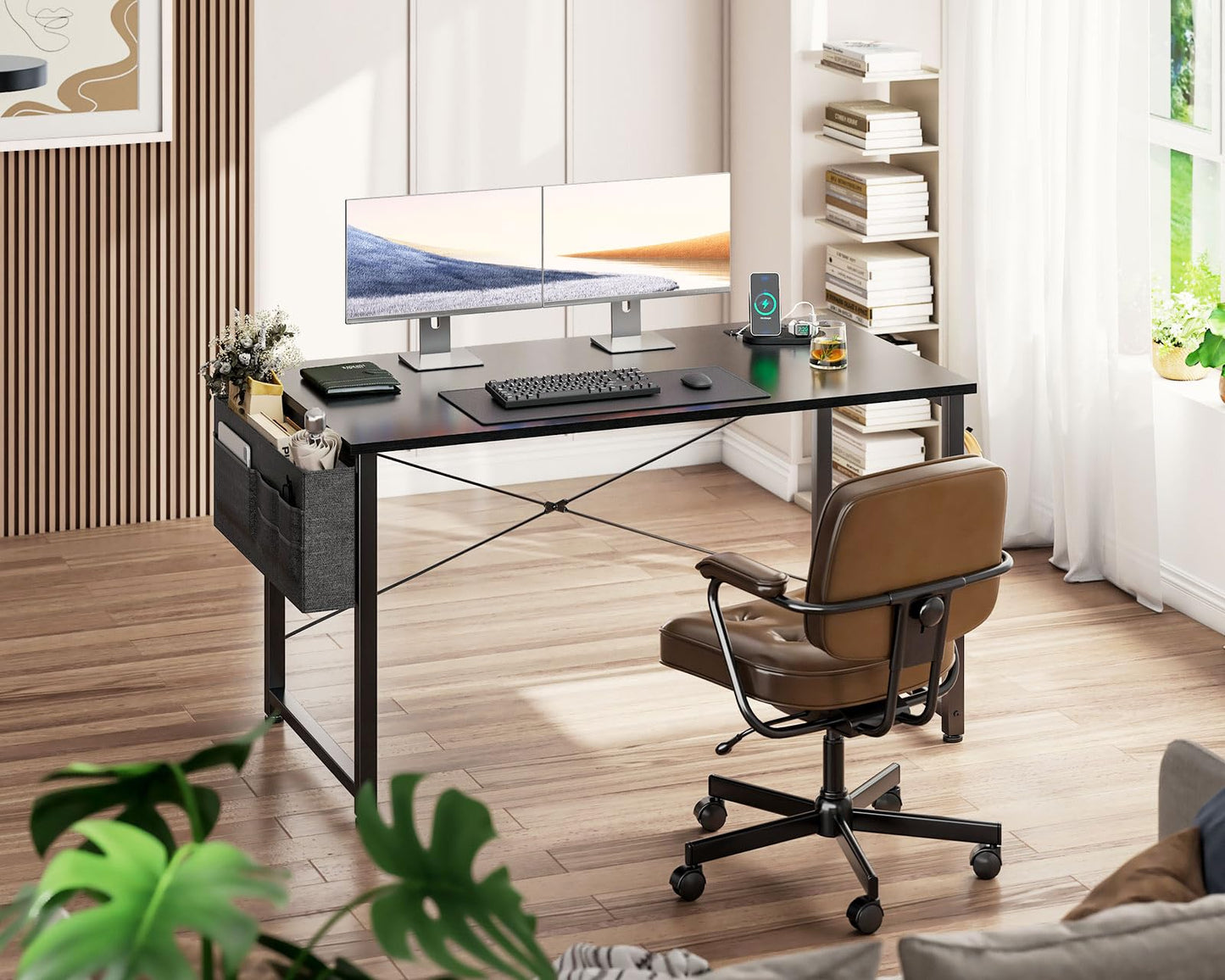 ODK Computer Desk - 48 Inch Office Writing Desk for Home, Student Study Desk with Storage Bag, Headphone Hook & Power Outlets, Modern Simple Table for Bedroom, Black